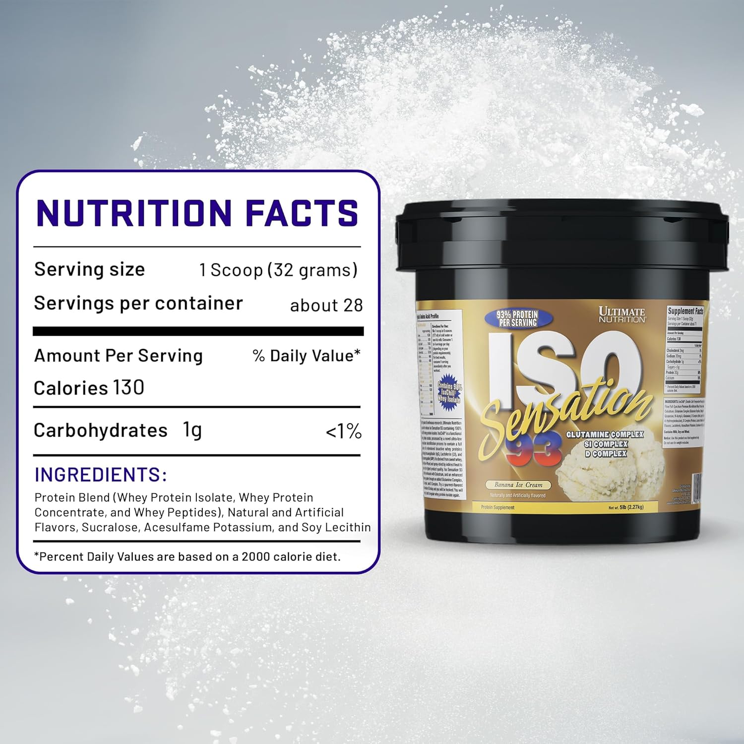 Ultimate Nutrition Whey Protein Isolate Powder with Glutamine Complex, ISO Sensation 93 - Whey Protein Powder with Added Colostrum for Enhanced Recovery, Immunity & Gut Health - Banana, 5lbs