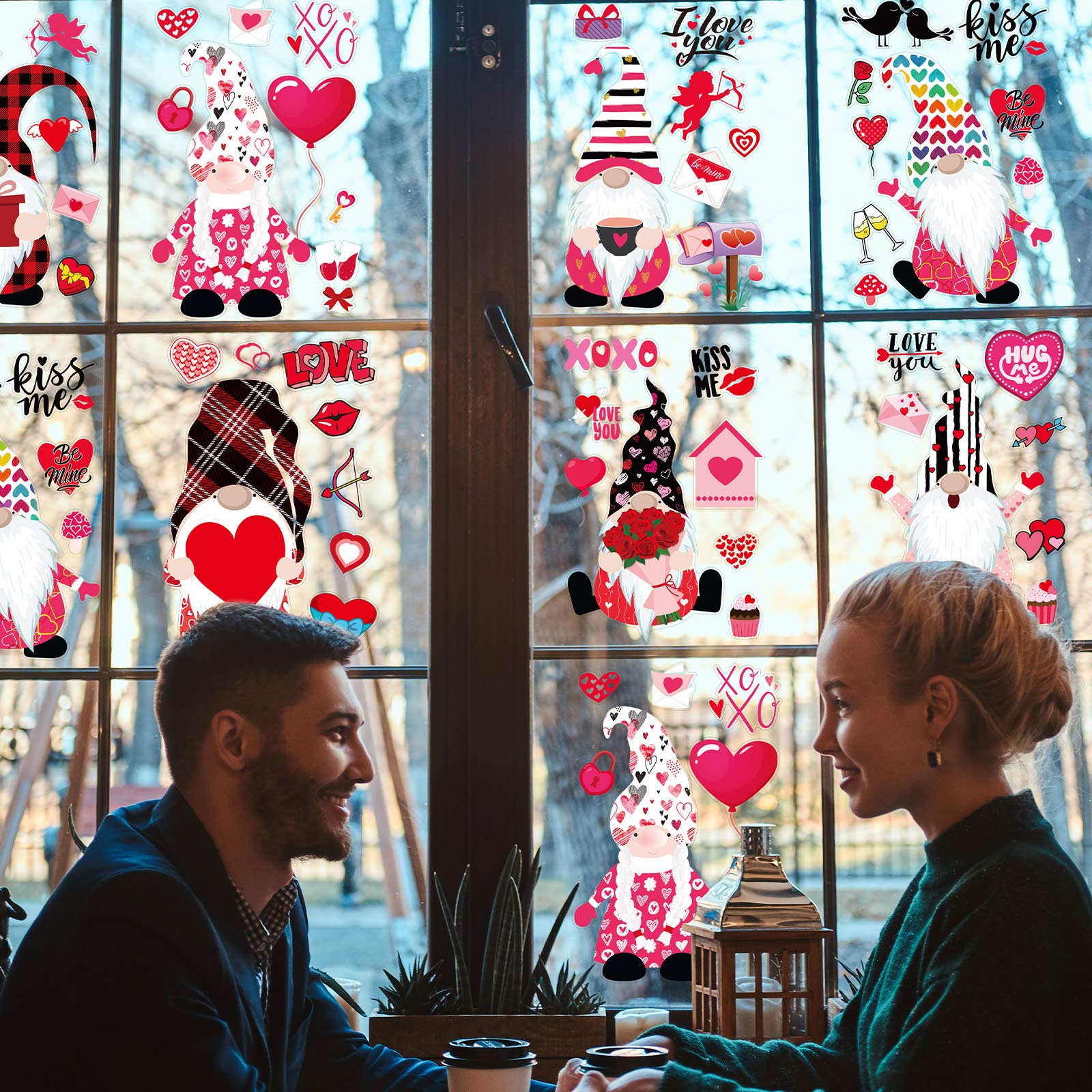 9 Blatt Valentinstag Fensterbilder – 71 Stück, Doppelseitig, Rosa, Mit Zwergen & Herzen, Abziehbar Für Glas