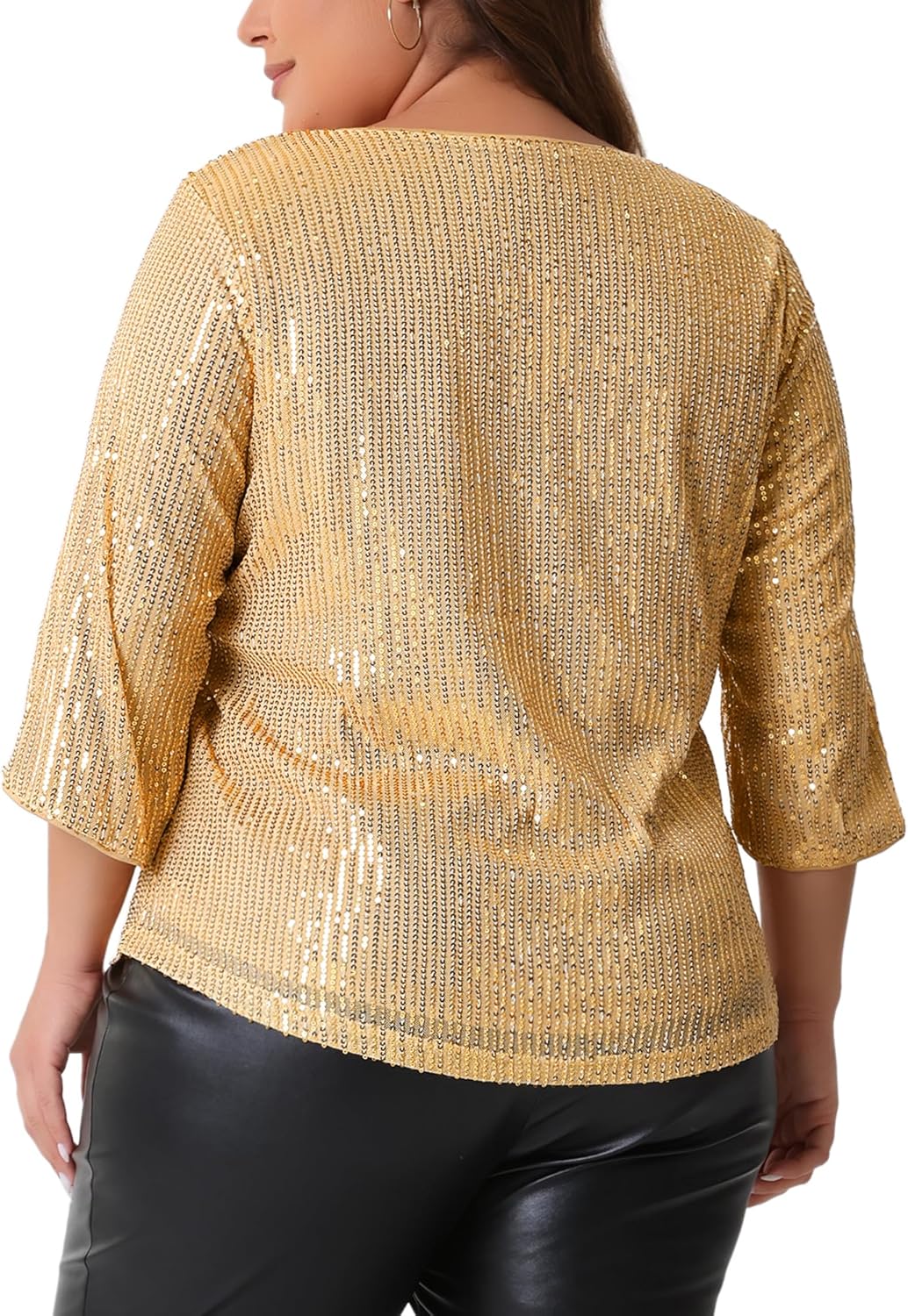 Agnes Orinda Plus Size Tops for Women 2025 Glitter 3/4 Slit Sleeve Crew Neck Shimmer Sparkle Sequin Party Blouse Tops - Image 4