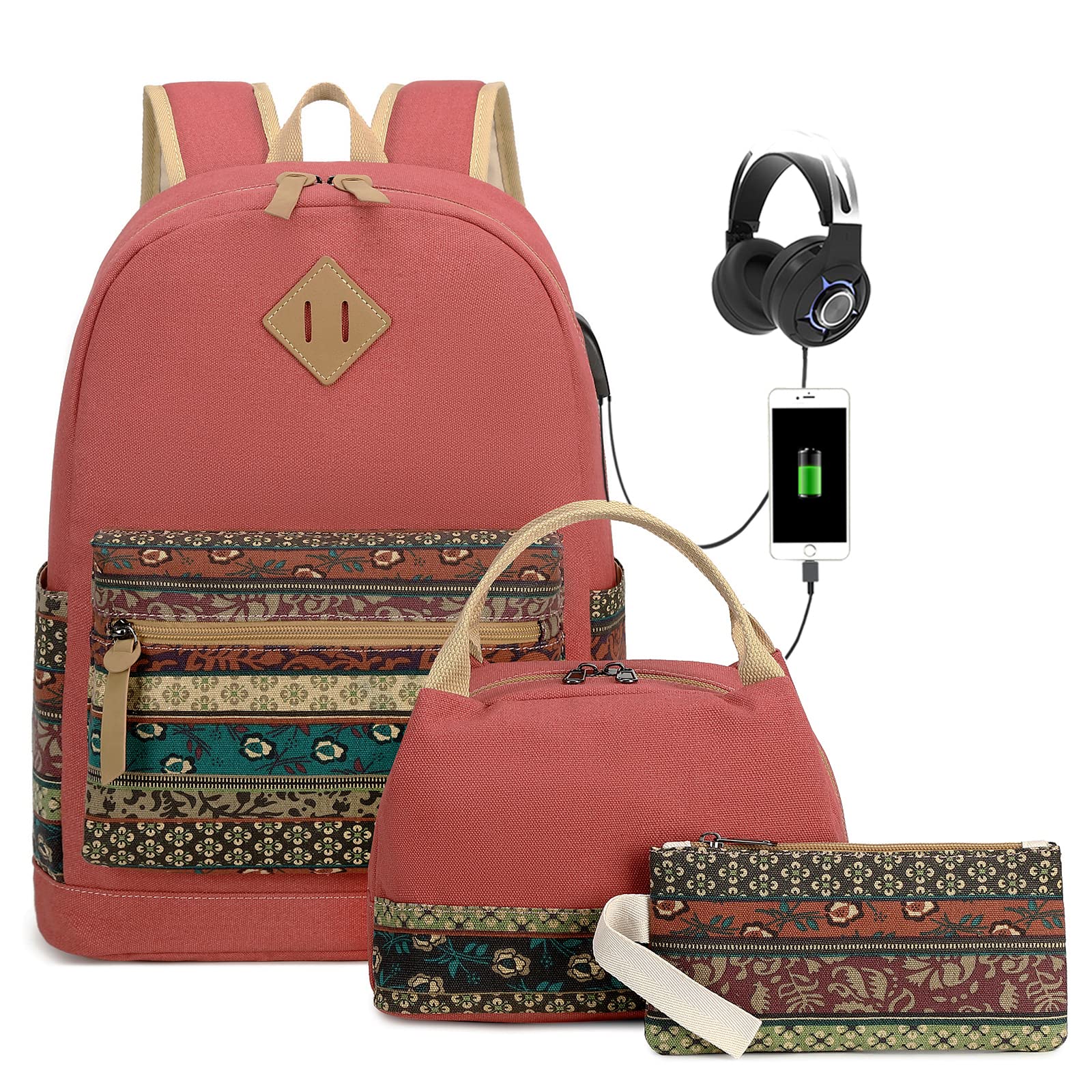 FADOVYE School Backpack for Teen Girls Kids Women, Waterproof Laptop Backpack with USB Charging Port, Water Resistant College Bookbag with Lunch Bag