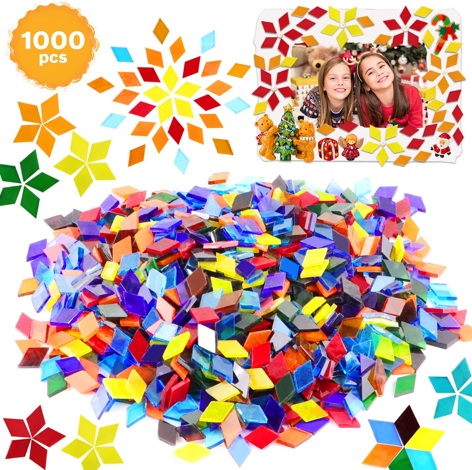 1000 Pcs Mosaic Tiles, Glass Mosaic Tiles for Crafts Bulk, Stained Mosaic Glass Pieces, Mosaic Supplies for Home Decoration, Art Crafts, DIY Projects, Transparent (Rhombus)