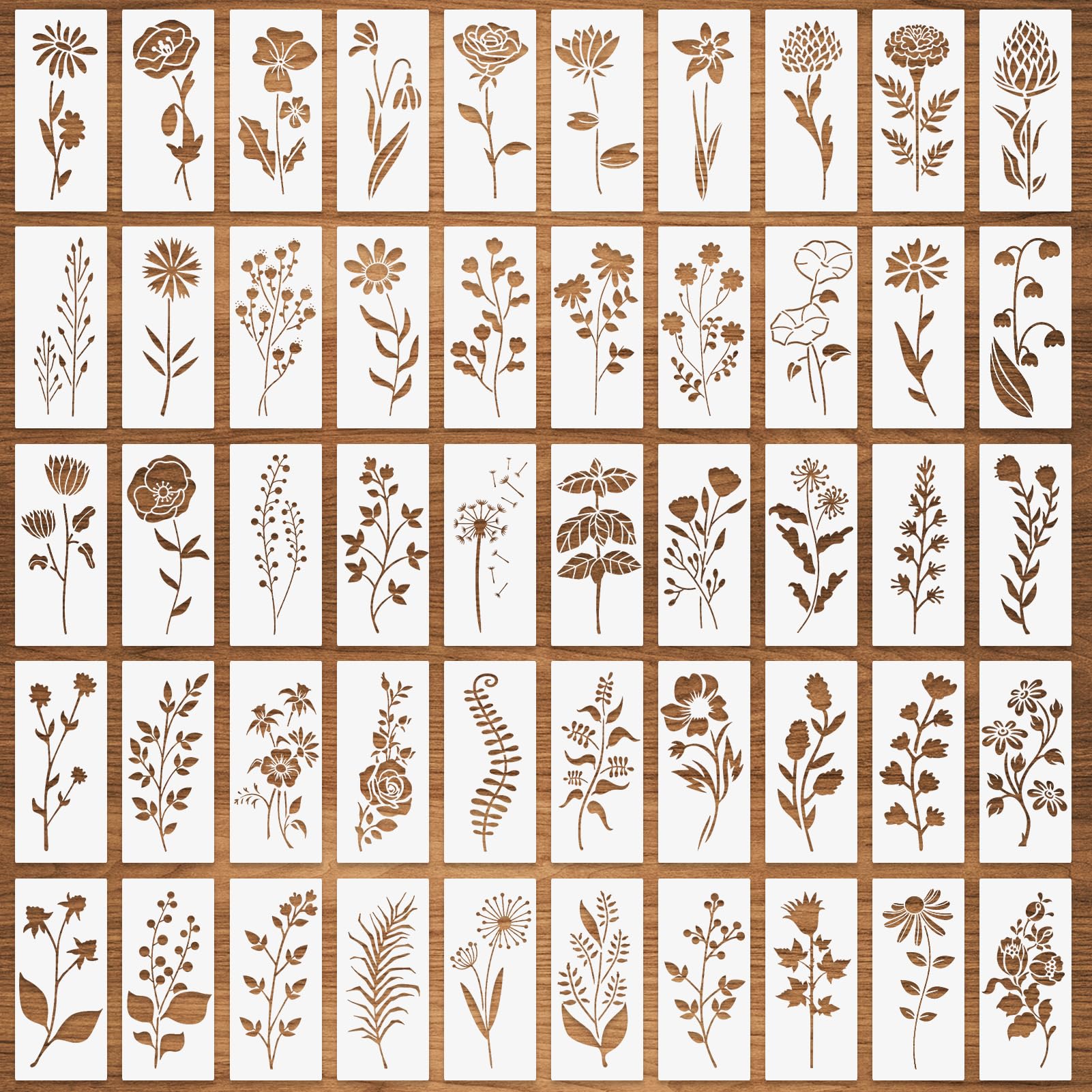 CODOHI 50 Pcs Wildflower,Small Flower Leaf Stencils For Painting On Wood,Daisy Rose Dandelion Tropical Leaf Botanical Templates,Reusable Plant Template For DIY Fabric Paper Card Drawing-3 X 6\