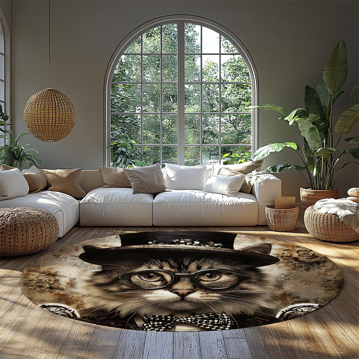 Tapis lavable chat vintage 200cm : fini la poussière avec ce tapis rond à poils ras