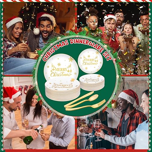 Miniatura 6 de 150 piezas de suministros para fiestas de Navidad, 30 platos de Navidad de plástico, 30 platos de postre desechables, 30 cuchillos, 30 tenedores, 30