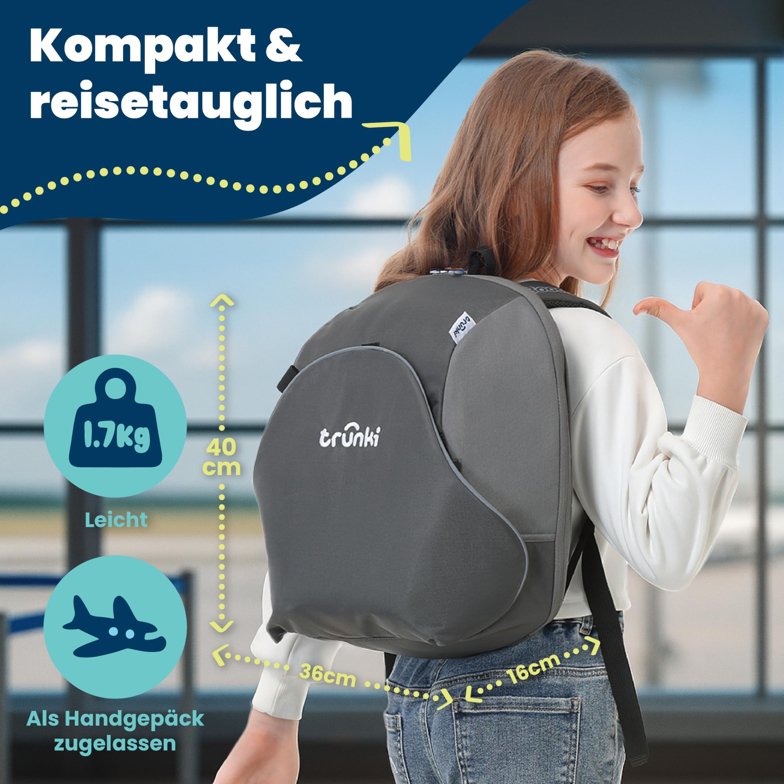 Trunki BoostApak 2-in-1 Kindersitz & Rucksack i-Size Kindersitzerhöhung 8-Liter Stauraum Handgepäck Kinderrucksack Sitzerhöhung Auto Grau