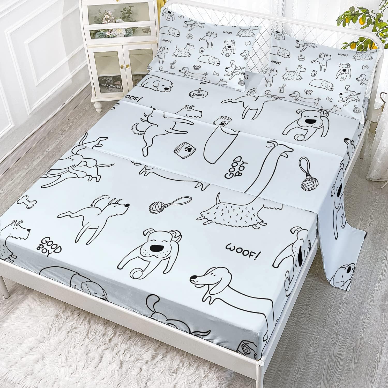 CVHouse Kawaii Dog Bed Set - Queen Size, Cute Puppy Dog Fitted Sheet Sets, 1 Flat Sheet & 1 Fitted Sheet with 2 Pillow Cases - 4 Pieces