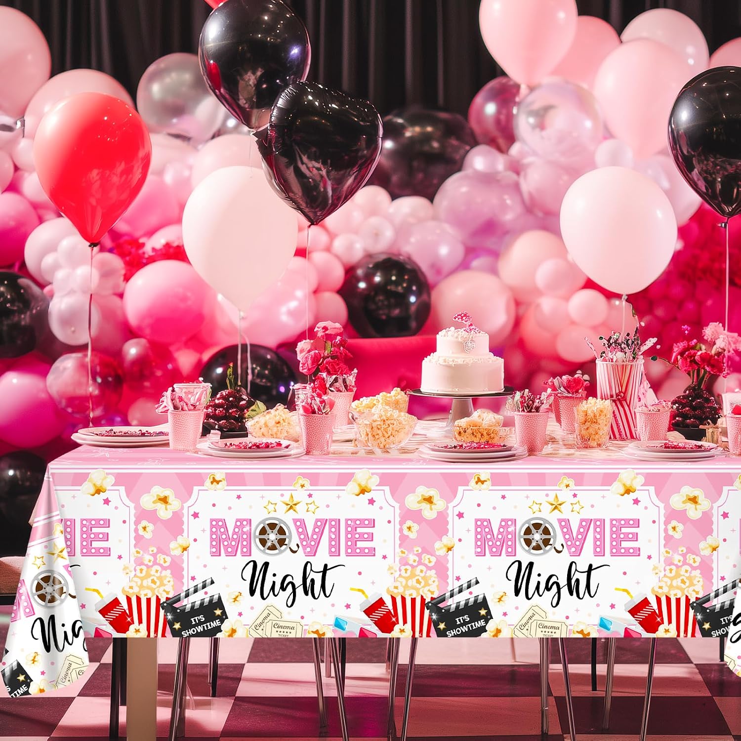 Avezano 3pcs Movie Night Decorations Pink Movie Night Tablecloths 108 x 54 inch Plastic Disposable Popcorn Theater Birthday Party Supplies