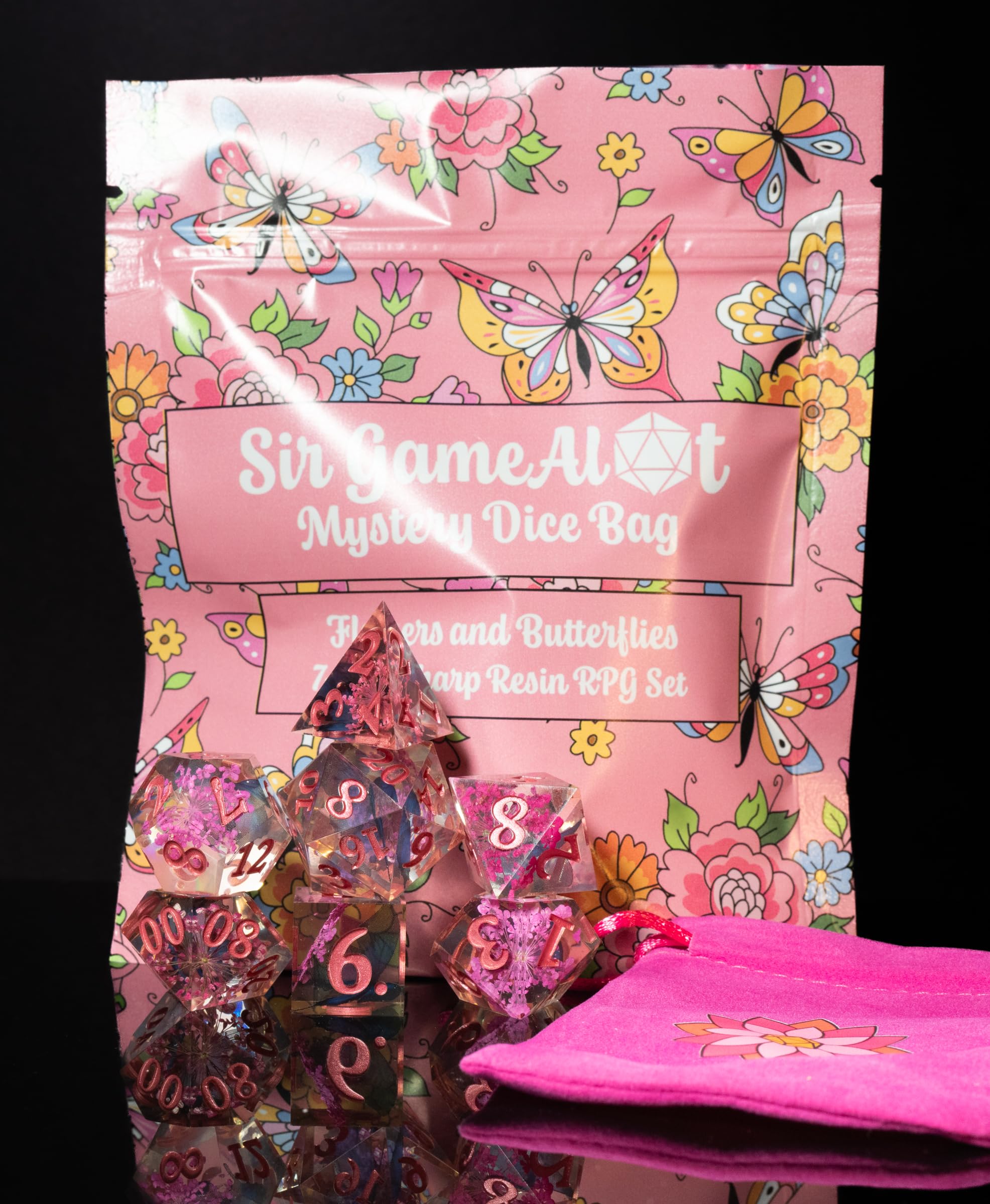DND Mystery Dice Set - Flowers and Butterflies | Sir GameAlot Polyhedral Dice Chosen at Random | Dungeons and Dragons (D&D) and Role Playing Games Accessories | Gift Ideas for Her RPG TTRPG Gamers