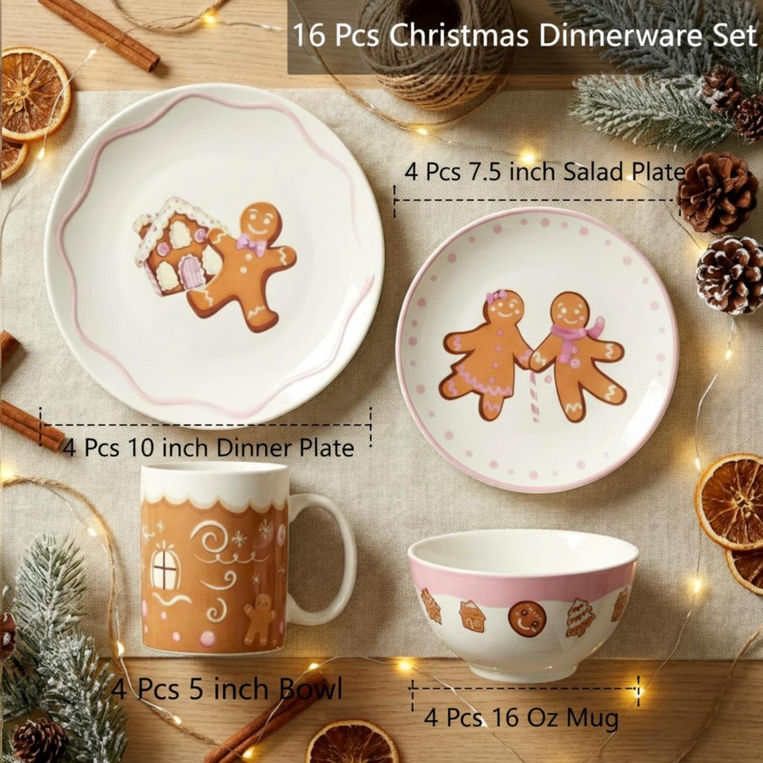 16 pcs pink gingerbread man christmas dishes dinnerware set for 4 guest holiday dinner plate ceramic pastel christmas salad plate gingerbread house bowl mug xmas gift holiday party kitchen decoration