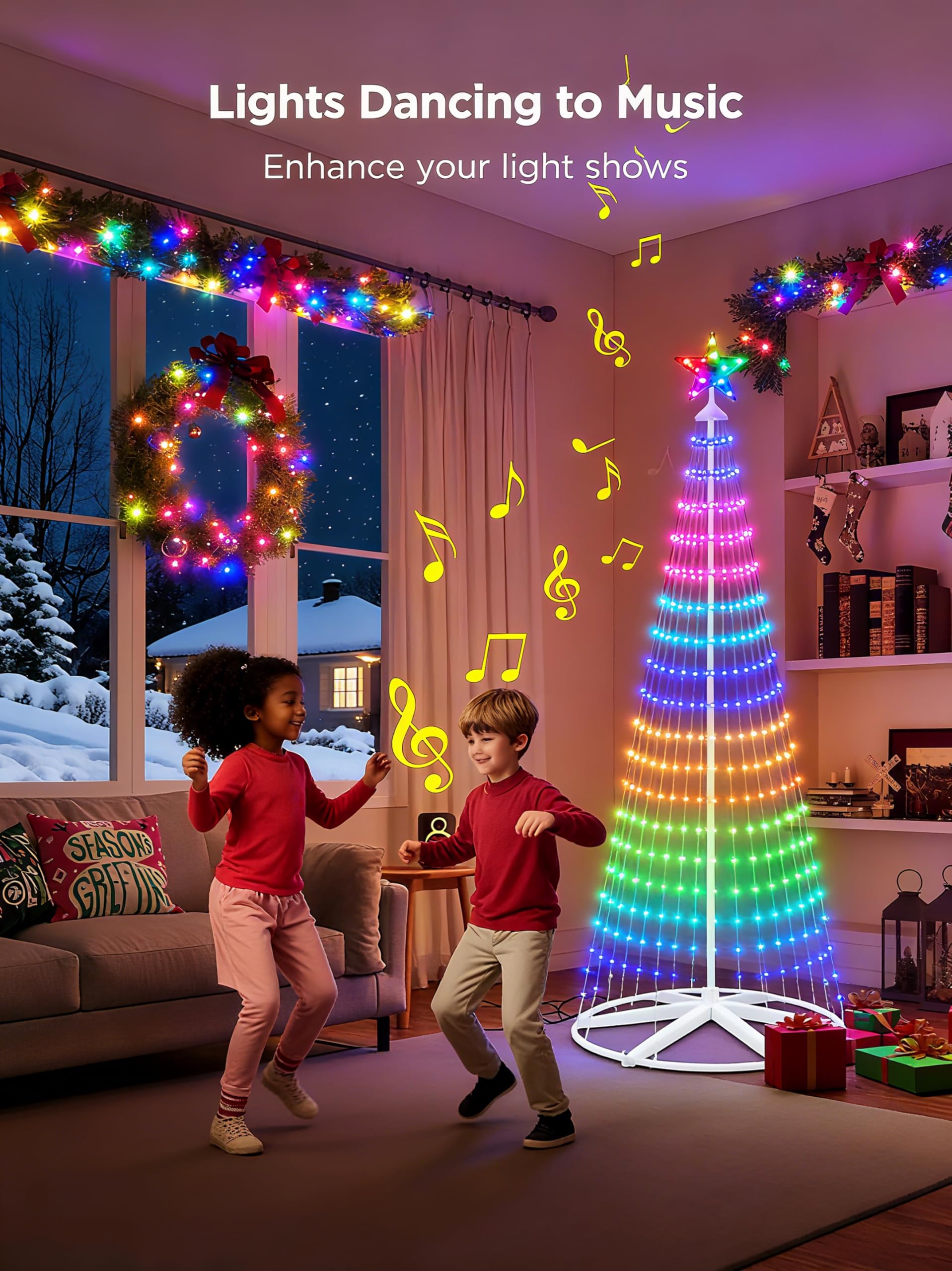 Hoofun Catena luminosa intelligente a LED per albero di Natale: 150 cm, illuminazione natalizia con stelle, app e telecomando, spina USB, RGB dimmerabile, modalità fai da te, timer, decorazione