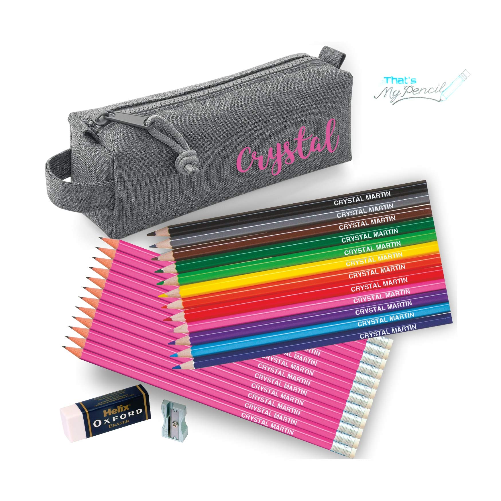 That's My Pencil - Personalised Marl Grey Block Pencil Case with 12 Colouring Pencils, 12 Matching HB Pencils Plus Helix Oxford Sharpener and Eraser (Pink)