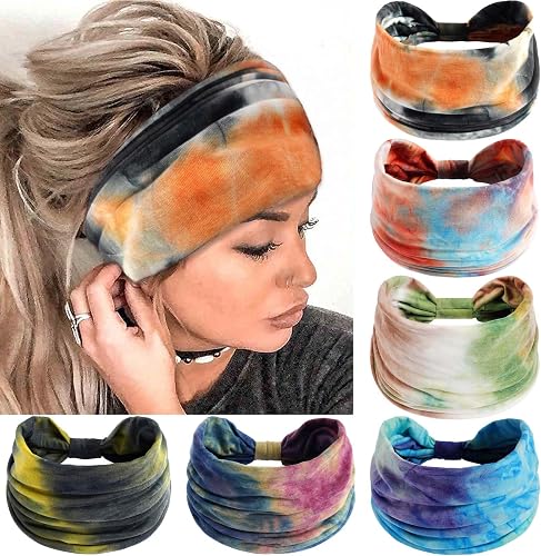 6 Pack Wide Headbands for Women Boho Twist Knotted Head Bands Elastic Stretchy Hair Bands Non-Slip for Girls Vintage Knotted Head Wraps Turbans Yoga Workout Hair Accessories (Dyeing)