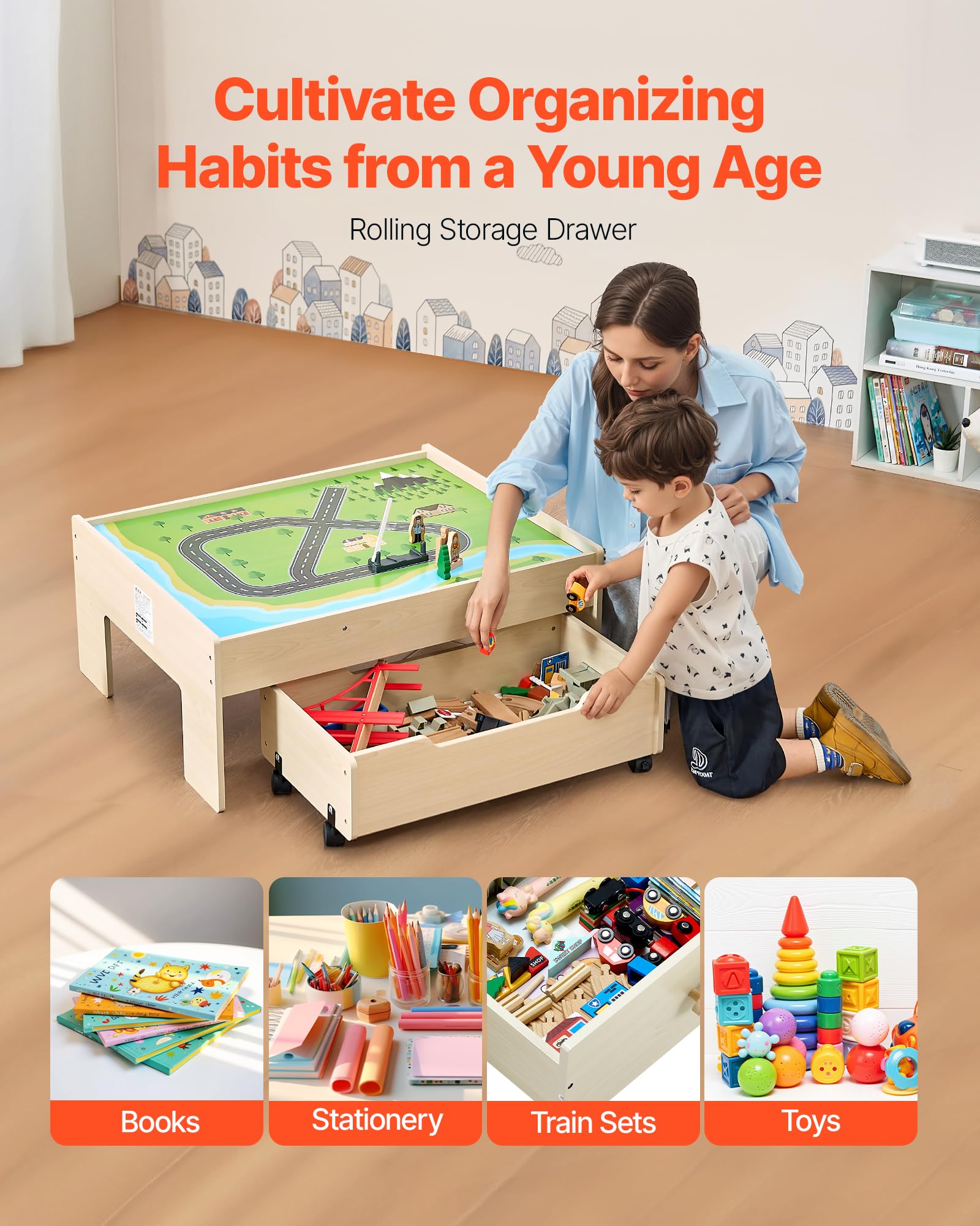 VEVOR Holz Aktivitätstisch, 100-teilig, Eisenbahntisch mit rollender Schublade, 3-in-1-Holzeisenbahn-Set zum Spielen, Malen, Lesen, Essen, kreatives Spielzeug-Set für Kinder ab 3 Jahren
