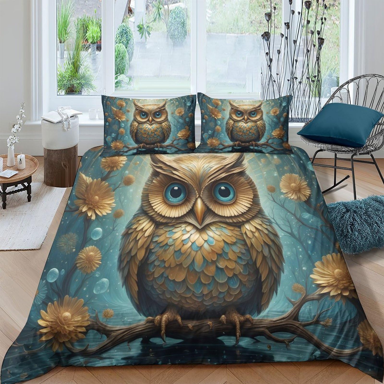 Housse de couette king size chouette avec ses 2 taies d'oreiller