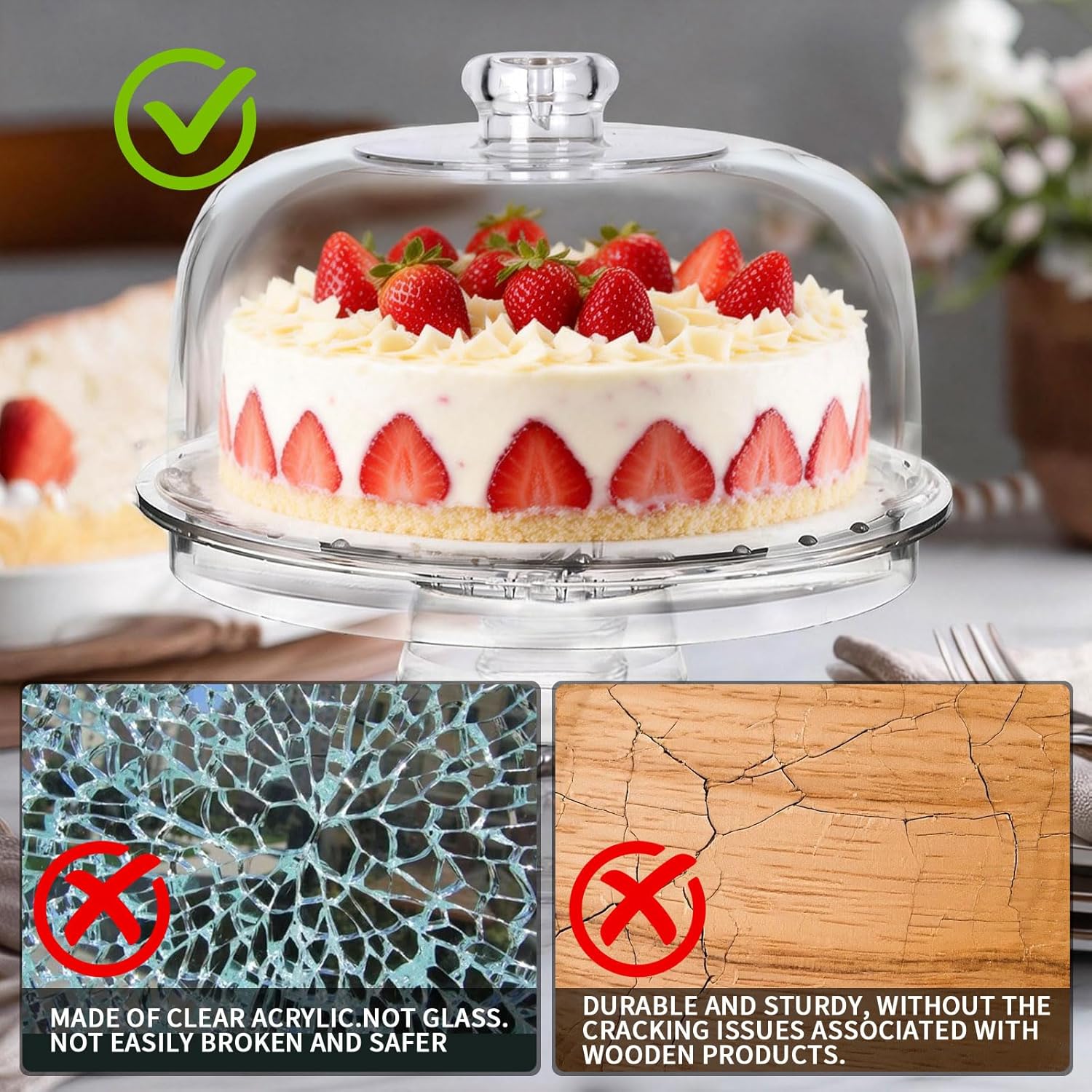 Masthome Cake Stand with Demo Cover, 6 in 1 Multi-Functional Serving Platter Display Stand for Christmas Wedding Party, Acrylic Cake Plate/Salad Bowl/Dessert Platter, BPA-Free, Send 2 Spoon