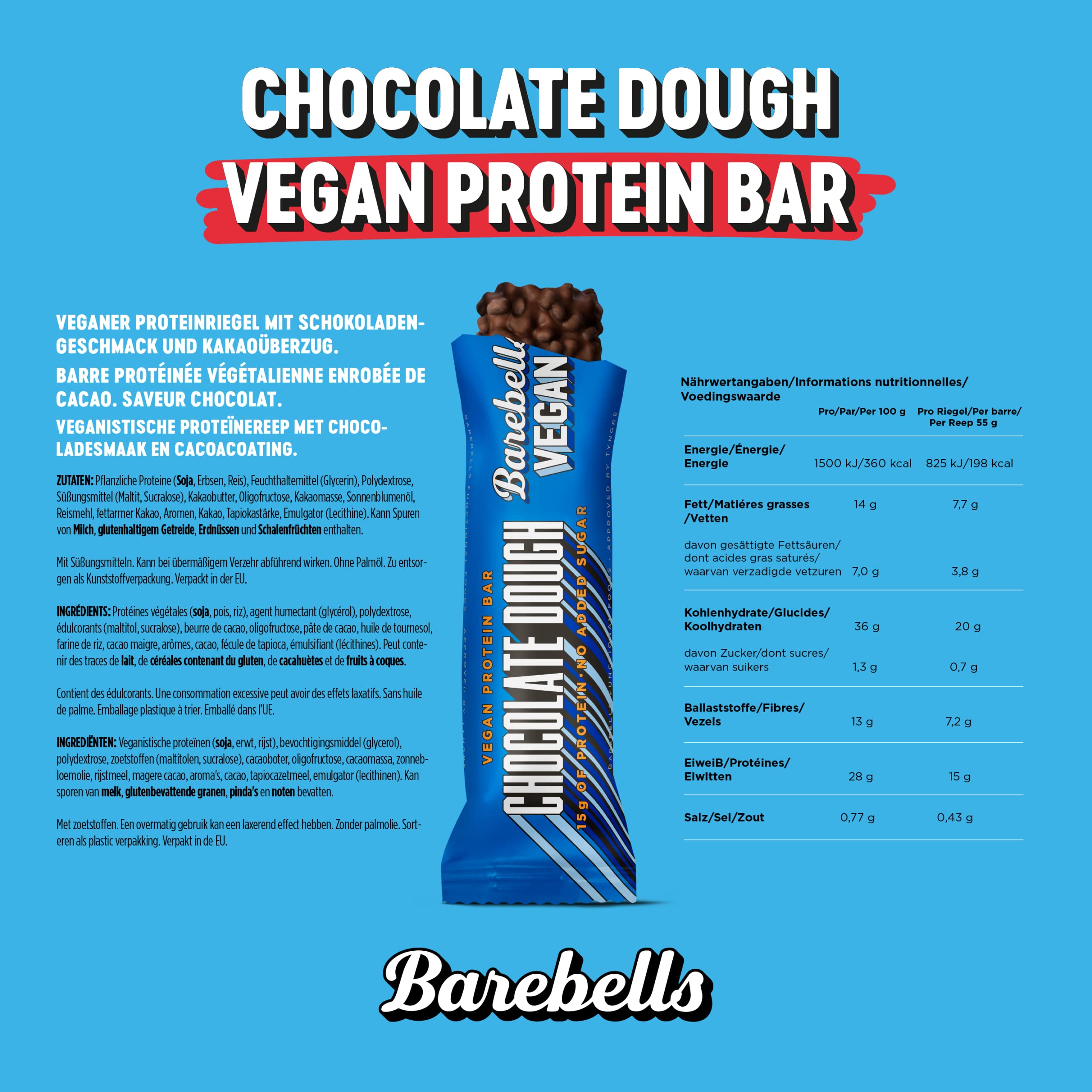 Barebells Vegan Protein Riegel – 15g High Protein Bar, Zuckerarm, Eiweißriegel, Ohne Palmöl, Vegane Proteinriegel – vegane Schokolade - Chocolate Dough, 12 x 55gr