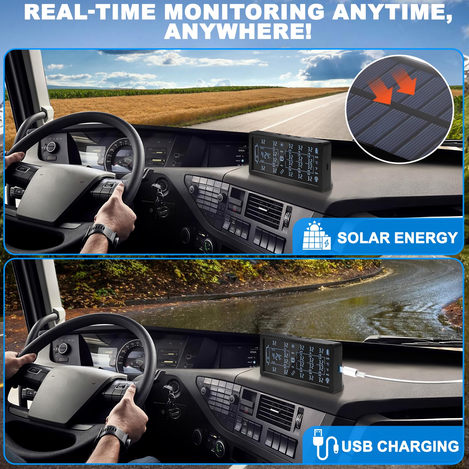 TPMS Solar Sistema de Control de Presión de Neumáticos con 8 Sensor de Externos con Repetidor para LKW Van Camion, Aviso de Presión de Neumáticos, 13Bar/188PSI