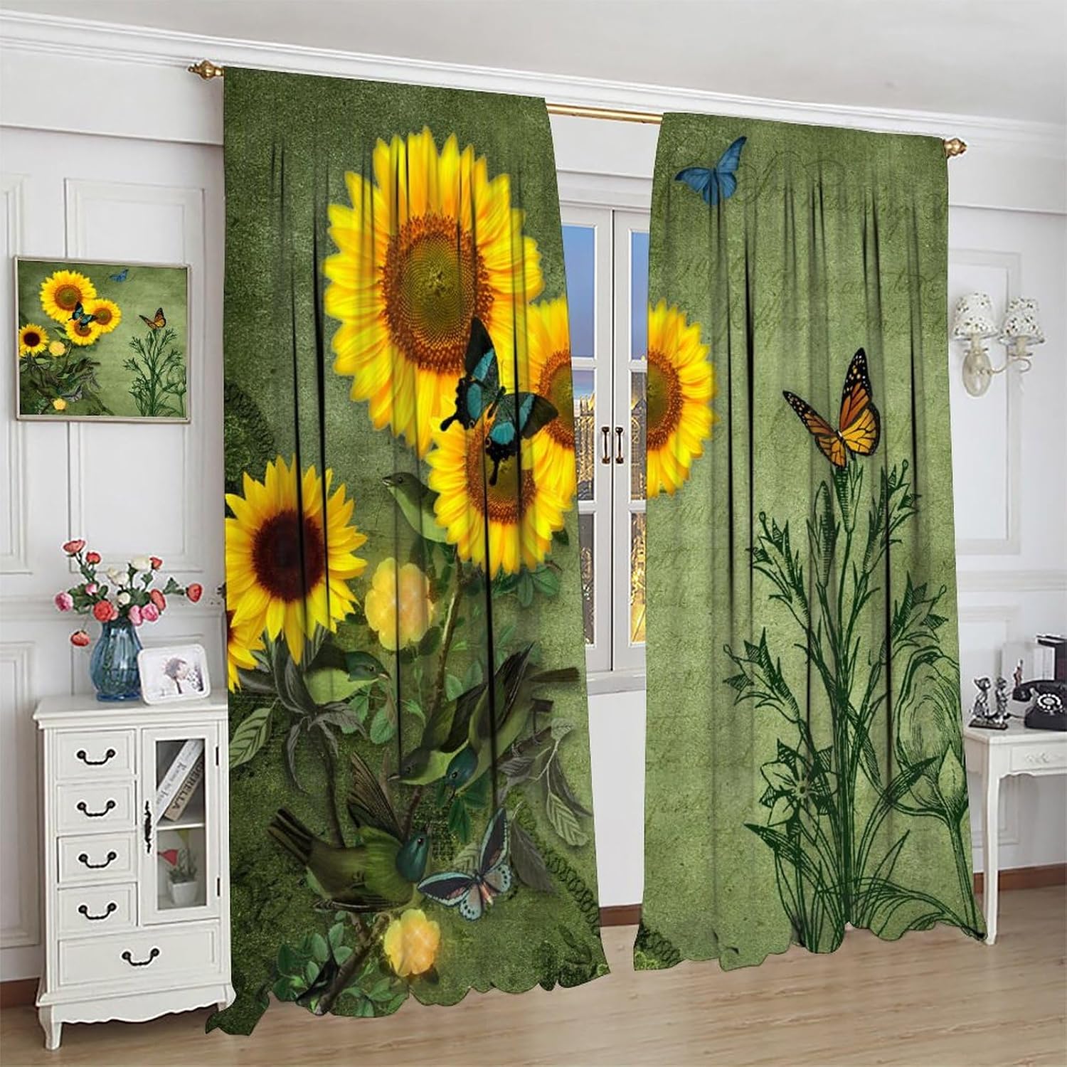 Sunflower Curtains, Green Letter Background Vintage Elegant Sunflower Butterfly Bedroom Living Room Nursery Window Decorative Curtains 42x45in