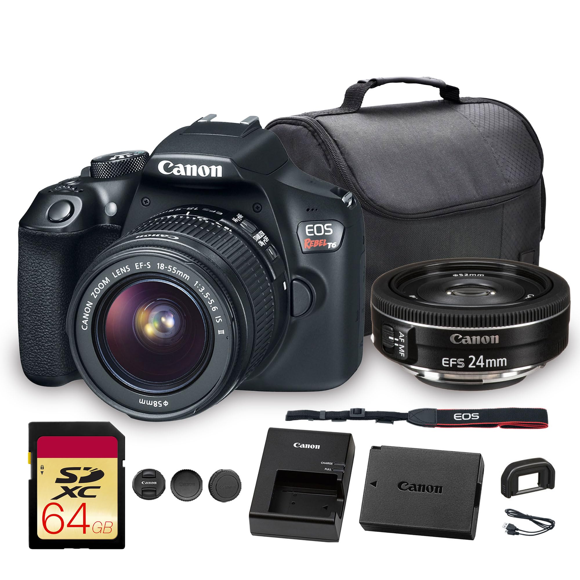 Canon EOS Rebel T6 DSLR Camera with 18-55mm Lens | 18MP APS-C CMOS Sensor, Built-in Wi-Fi & Full HD Video | Great for Travel & Everyday Photography (1159C003) EF-S 24mm f/2.8 STM Lens + More