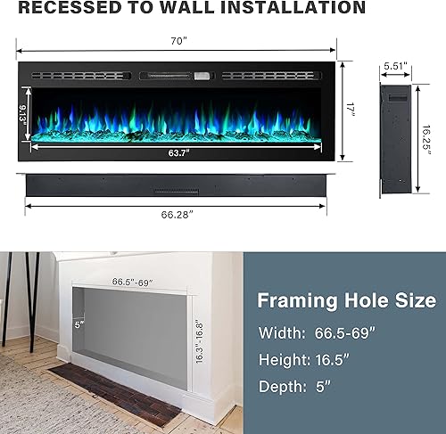 Miniatura 3 de Insertos de chimenea eléctrica de 70 pulgadas chimenea montada en la pared chimenea LED con troncos chimenea eléctrica empotrada con control remoto