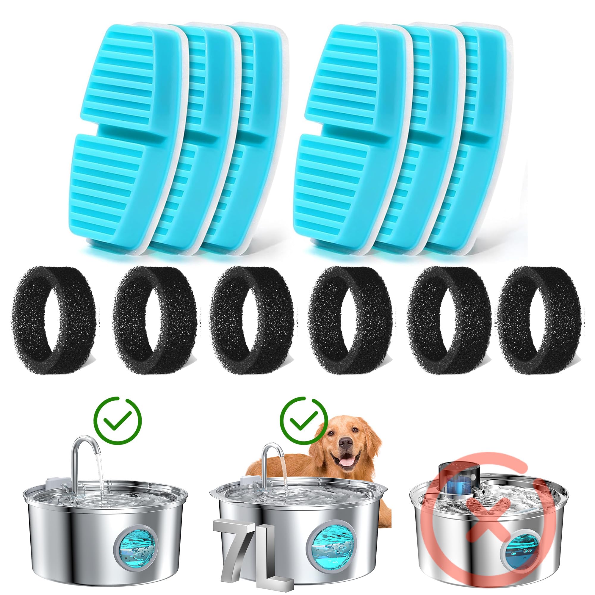 FOFNON12 Cat Water Fountain Filters & Sponges, Triple Filtration, Loose Hair Removal, Suitable for B0CL4WMX6Z & B0CLGPCNHN