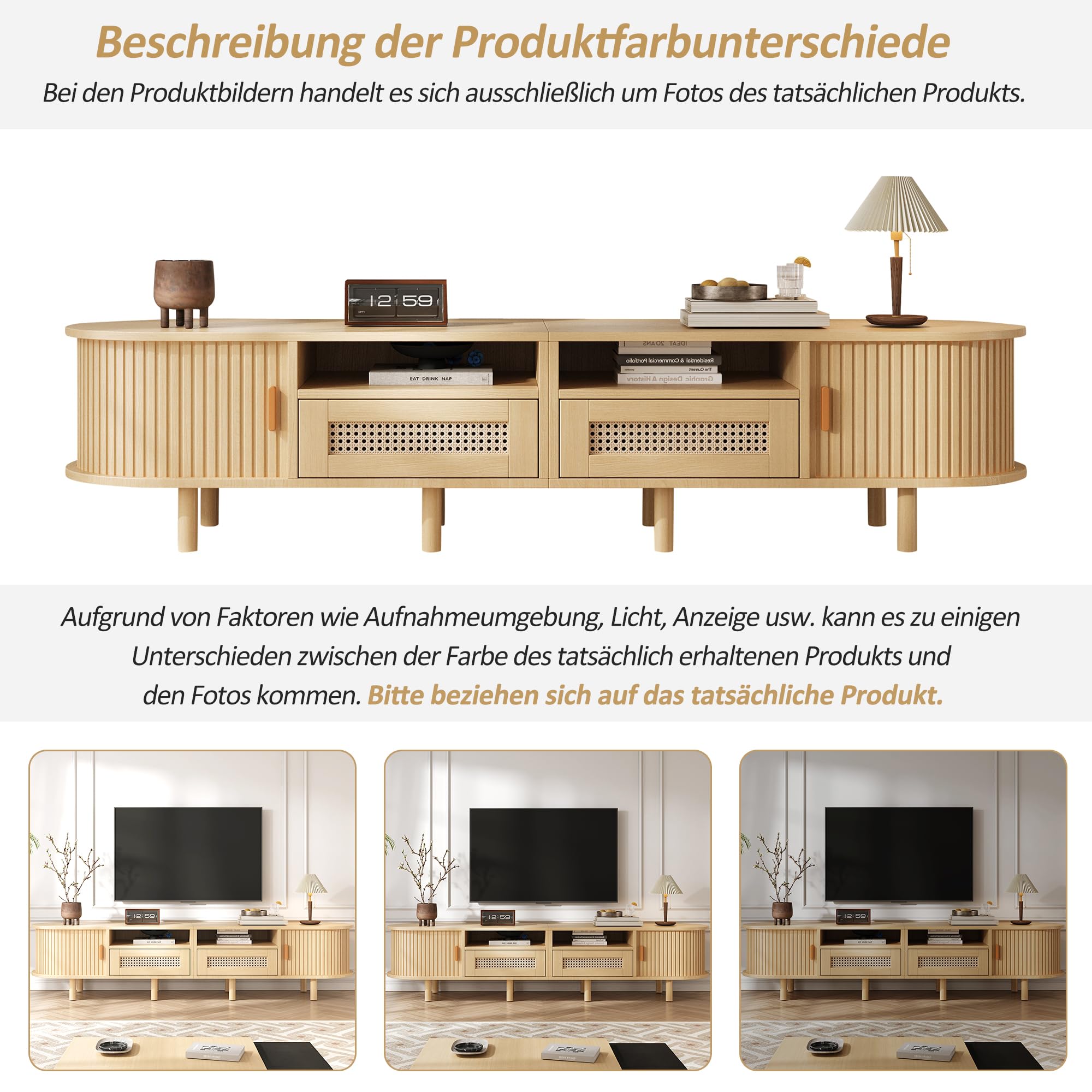 Merax TV Schrank Ovaler in Holzfarbe, Lowboard Fernsehtisch mit 2 Schiebetüren, 2 Rattan-Schubladen, TV-Regal für Fernseher bis zu 70 Zoll, Landhausstil Sideboard Fernsehschrank für Wohnzimmer, 170cm