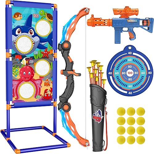 KKONES Juego de arco y flecha para niños, juguete de disparo 2 en 1, juego de tiro con luz LED con arco y pistola de aire, bolas de espuma, flechas