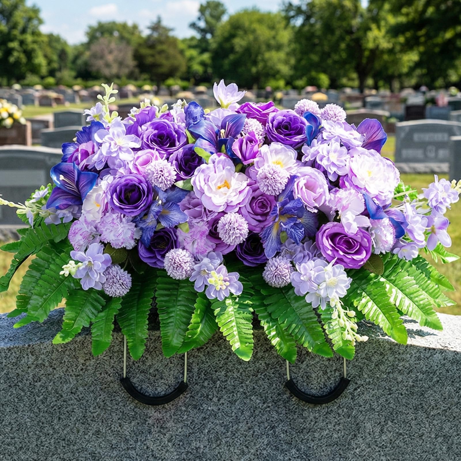 Cemetery Flower Saddles for Headstones: Purple Flowers Artificial Outdoors Grave Decorations Spring Easter Memorial Day - Fake Rose Camellia Tombstone Flowers Saddle for Cemetery G image 5