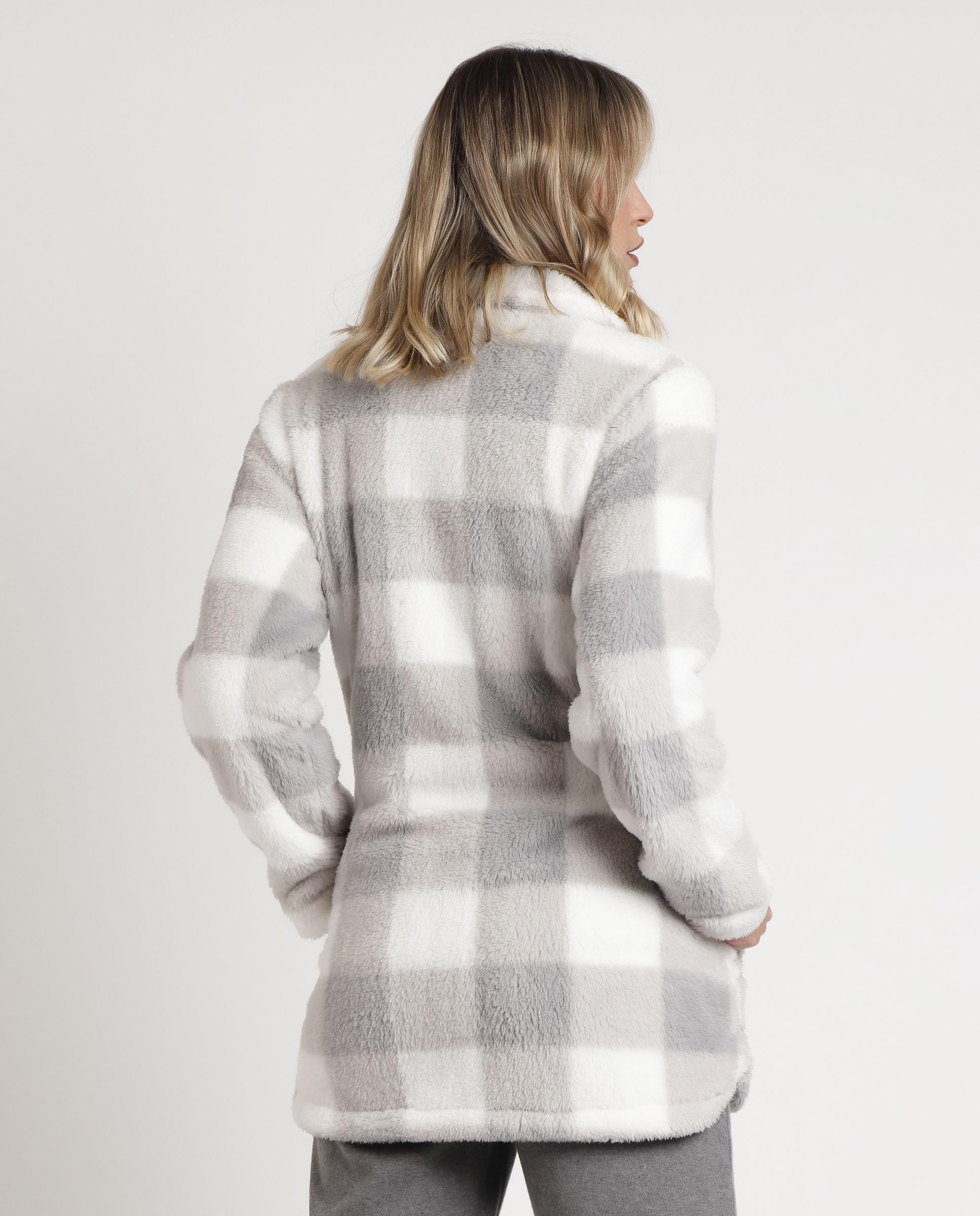 ADMAS stay at home - bata mujer invierno calentita cuadros con cremallera y bolsillos - batas de casa con tejido suave corel en color gris - ideal para días fríos en invierno