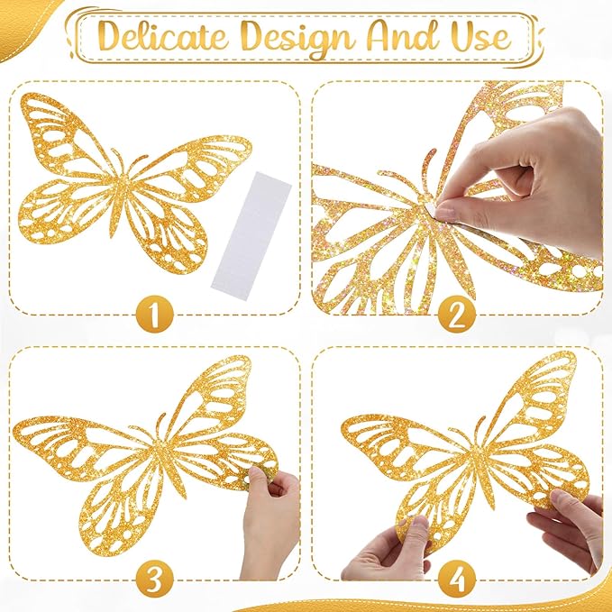 Decoración de 24 mariposas 3D brillantes doradas para pared, fiesta y boda miniatura 4