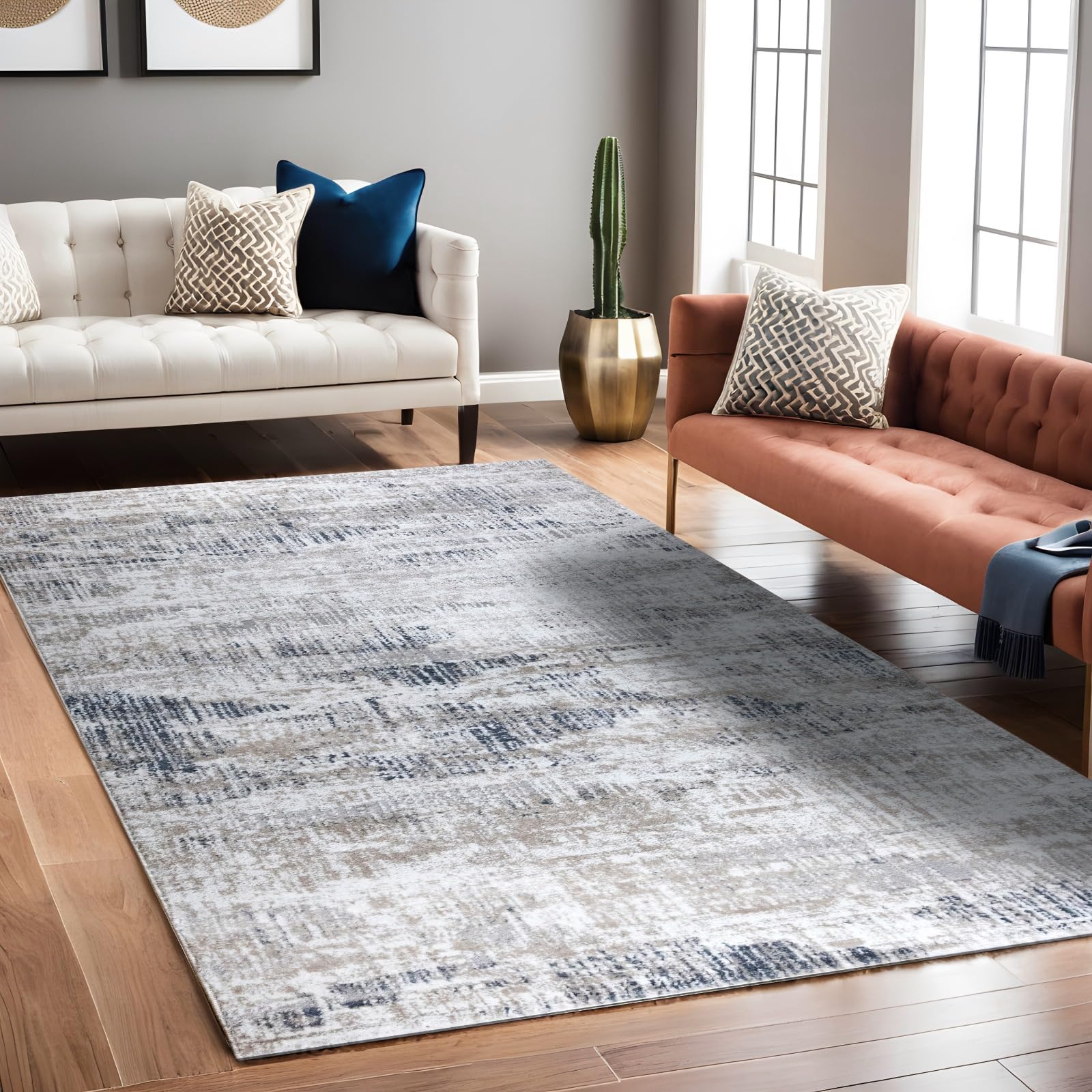 RUGURA - Alfombra Abstracta - Alfombra salón, habitación, Pasillo, Dormitorio - Estilo nórdico, Moderno, contemporáneo, mediterráneo - Alfombra Larga - 80x150cm - Azul, Gris, Beige y Crema