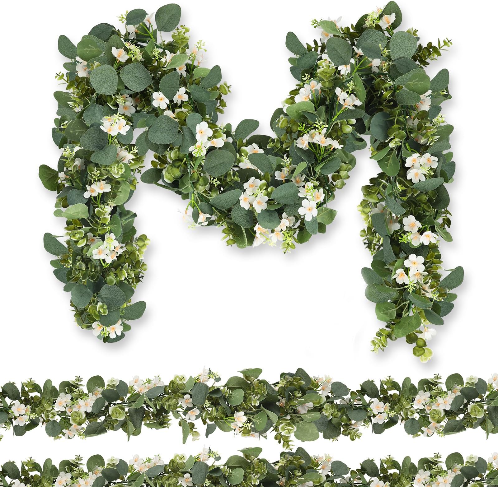 HOHOTIME 2Pcs 5.9FT Artificial Eucalyptus Garland with 51 Spring Flowers, Fake Flowers Greenery Garland Faux Floral Vines for Wedding Spring Home Table Decoration, Indoor Outdoor Backdrop Wall Decor