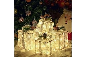 Battery Operated Christmas Decorations, Set of 4 Christmas Present Boxes with Warm...