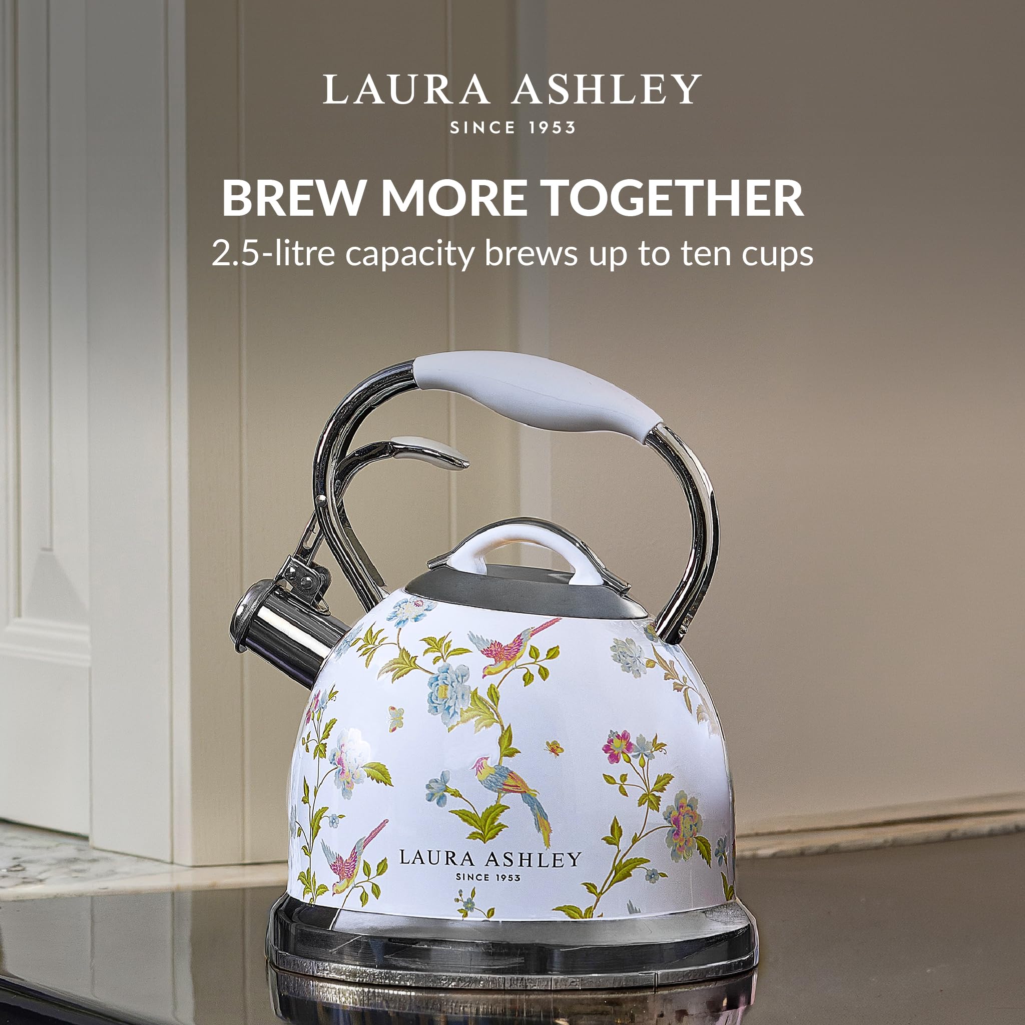 Laura Ashley Elveden White 3 Litern Wasserkessel Induktion von VQ – Wasserkessel Camping mit Pfeifton für Gasherd, Induktions kochfeld oder andere Kochfelder mit Druckknopf Mechanismus