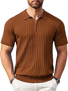 COOFANDY Men's Zipper Polo Shirts Short Sleeve Ribbed Knit Polo T Shirts Fashion Casual Golf Shirts