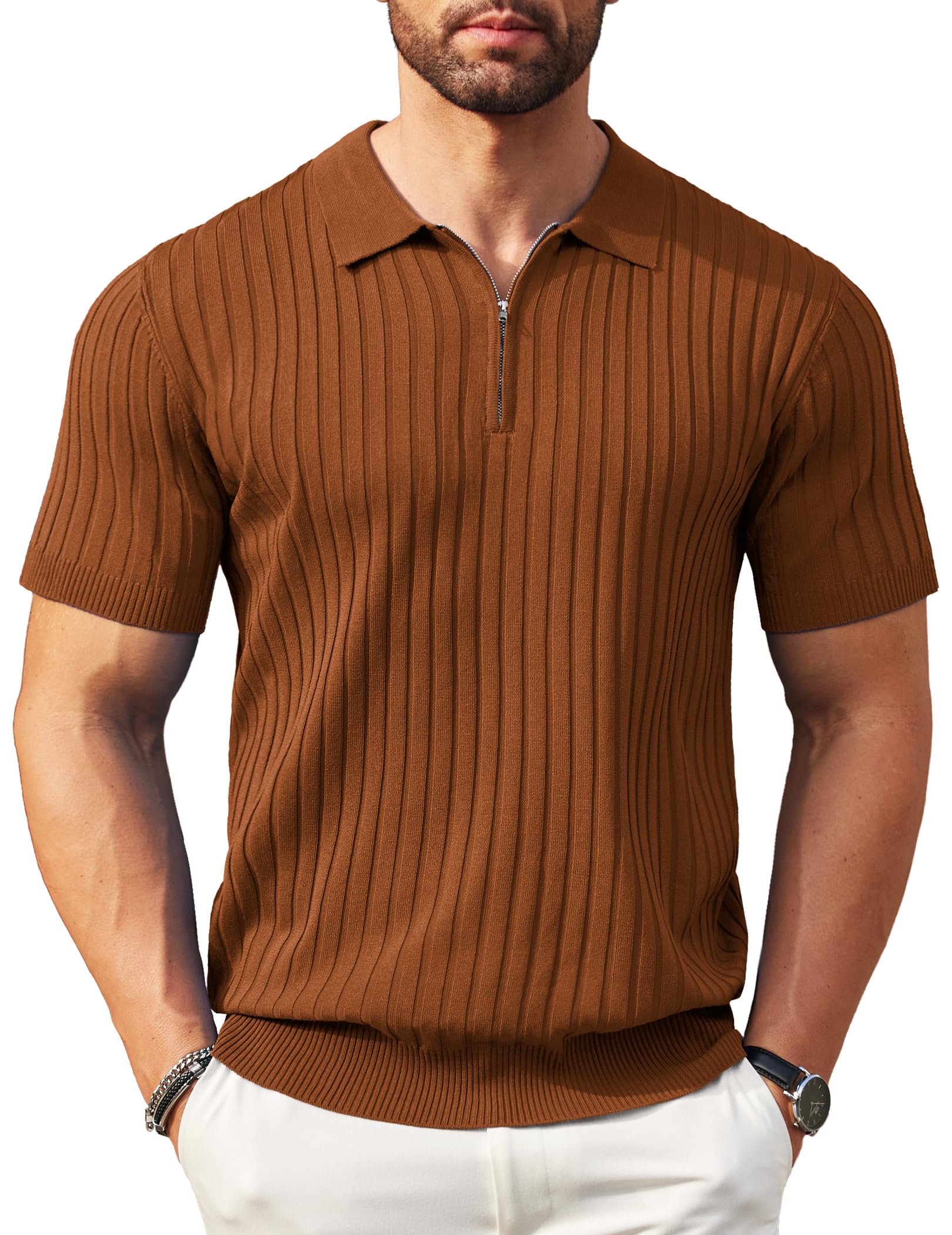 Men's Polos Short Sleeve Zip Knitted Polo Shirts Stretch Golf Vertical Striped Polo T-Shirt