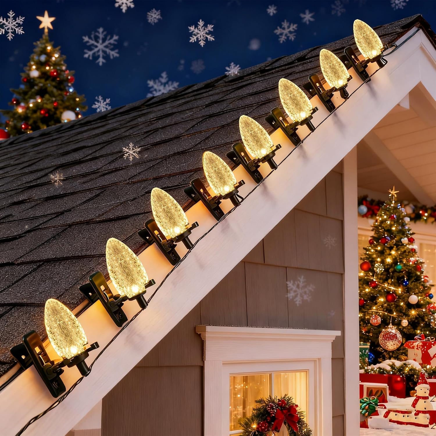 dazzle bright c9 christmas string lights, 100 led 66 ft waterproof connectable fairy lights with 100 spring clips timer, christmas decoration for outdoor roofline home garden yard tree, warm white