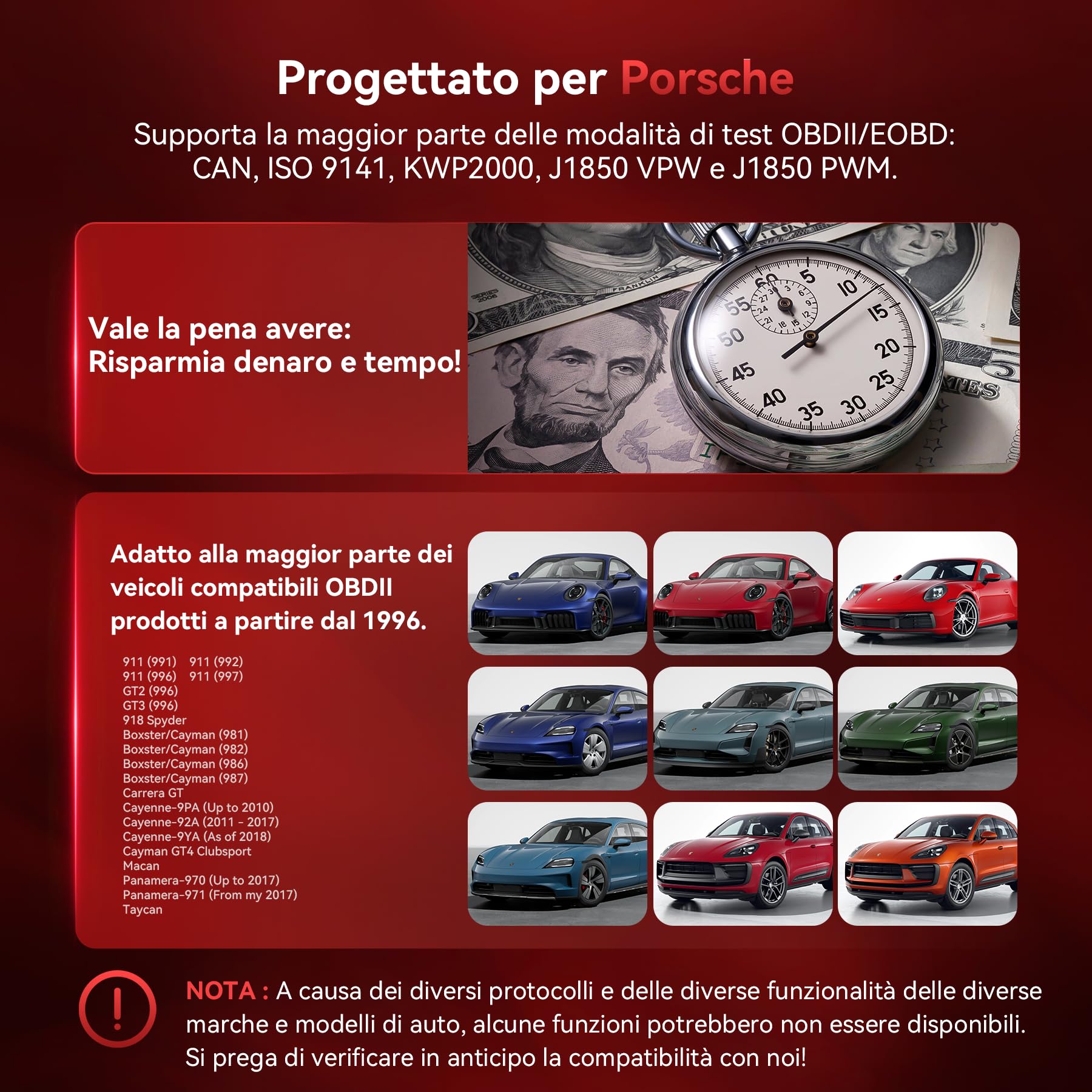 iCarsoft POR V3.0 OBD2 Auto Diagnostica per Porsche/Cayenne/Macan, Diagnosi Auto Professionale in Italiano per Tutti i Sistemi, 27 Funzioni di Ripristino, Test Bidirezionale, Aggiornamento a Vita