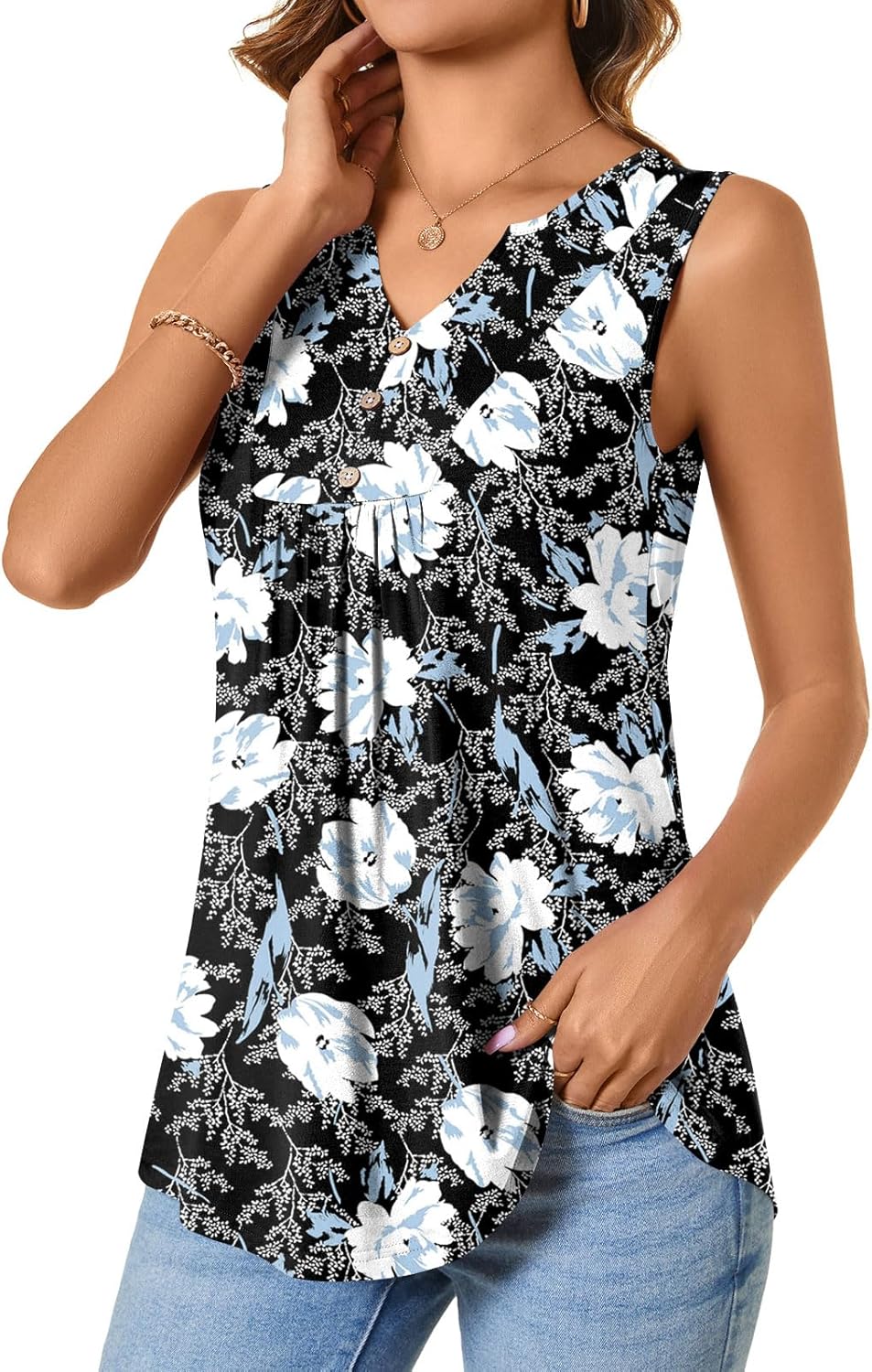 CATHY Womens Summer Sleeveless Tank Top V Neck Button Blouse Casual Pleated Basic Henley Shirts - Image 3