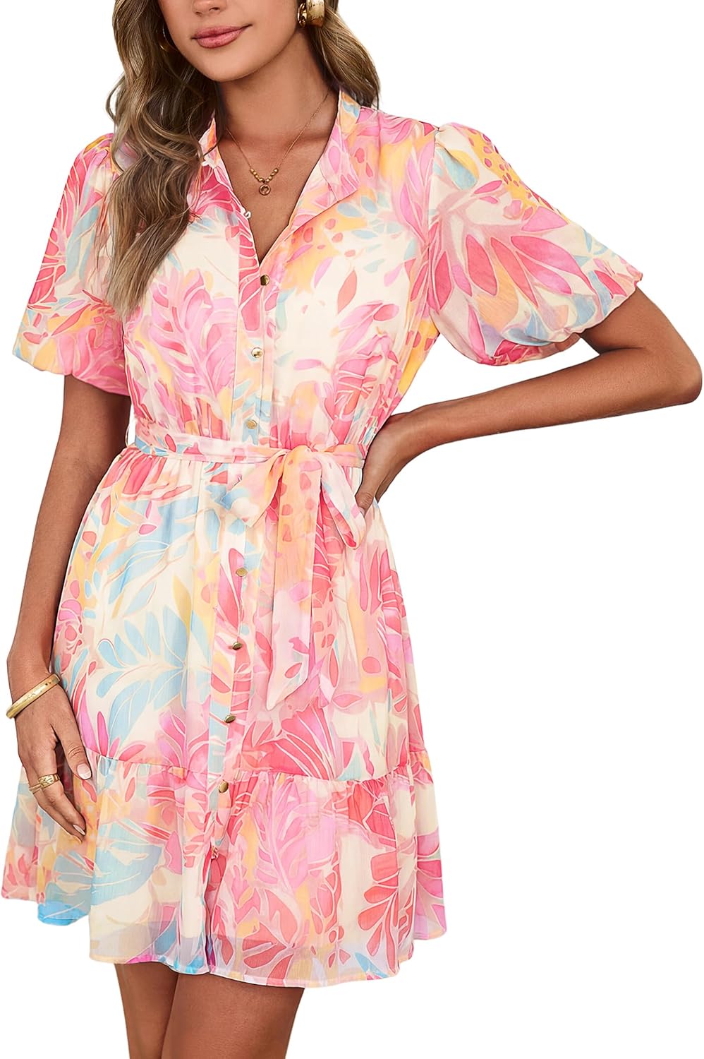 Simplee Womens Floral Short Summer Dresses Casual V Neck Button Down A-Line Tiered Ruffle Boho Mini Dress Trendy Clothes