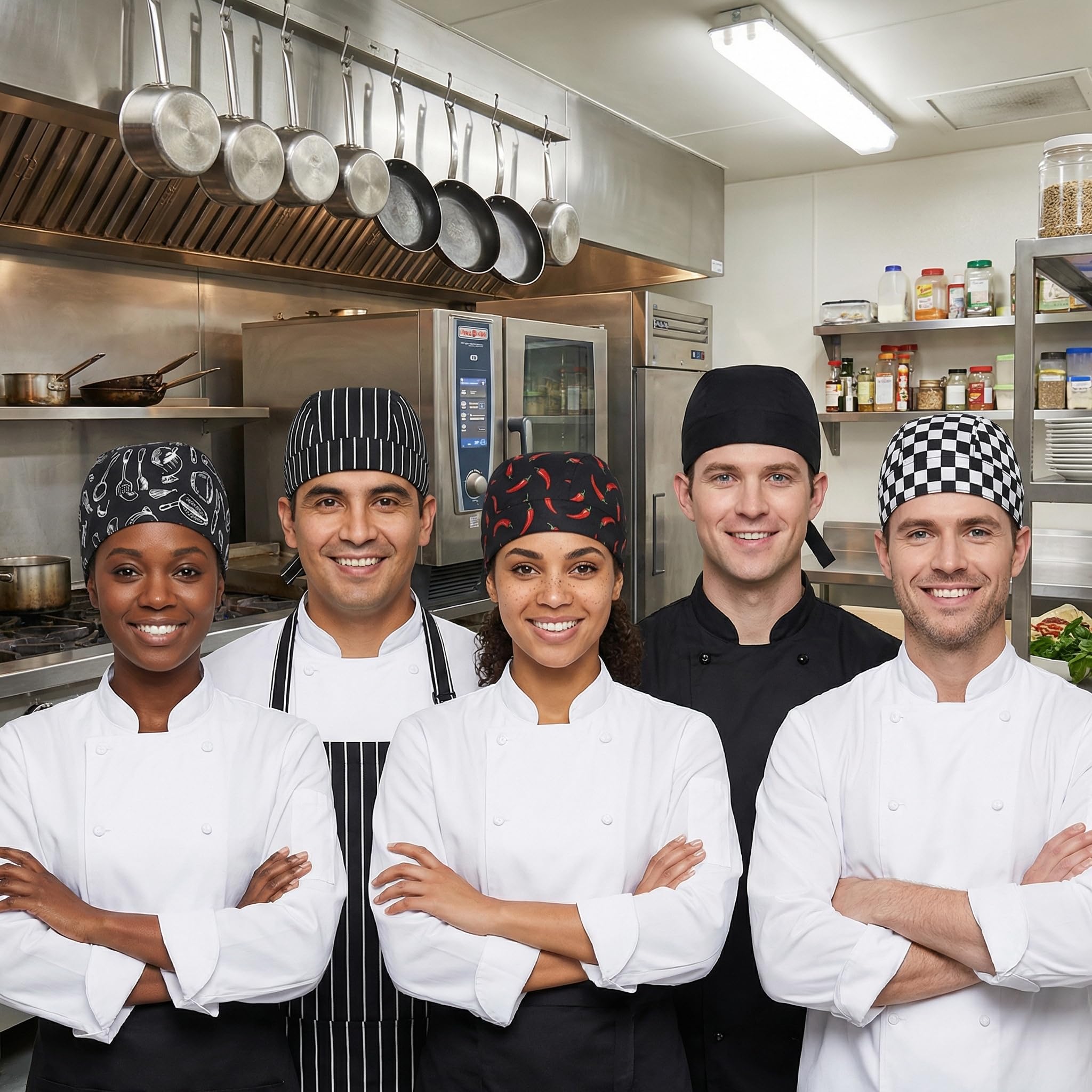 5 Piezas Gorros de Cocina Ajustables, Bandana Chef Unisex para Hombre y Mujer, Gorro Cocinero Profesional Estilo Japonés (Negro, Rayas, Chile, Cubiertos, Cuadros) para Restaurante Hostelerí