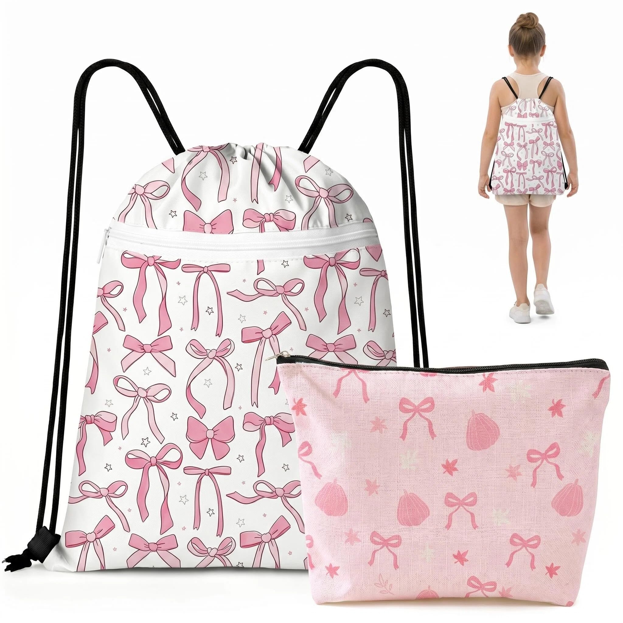 MIGIFTDY 2PCS Waterproof Swimming Bags for Kids Girls, Cute Bow Drawstring Backpack, Large Capacity PE Bags for School, Sports Gym Travel Waterproof Bag
