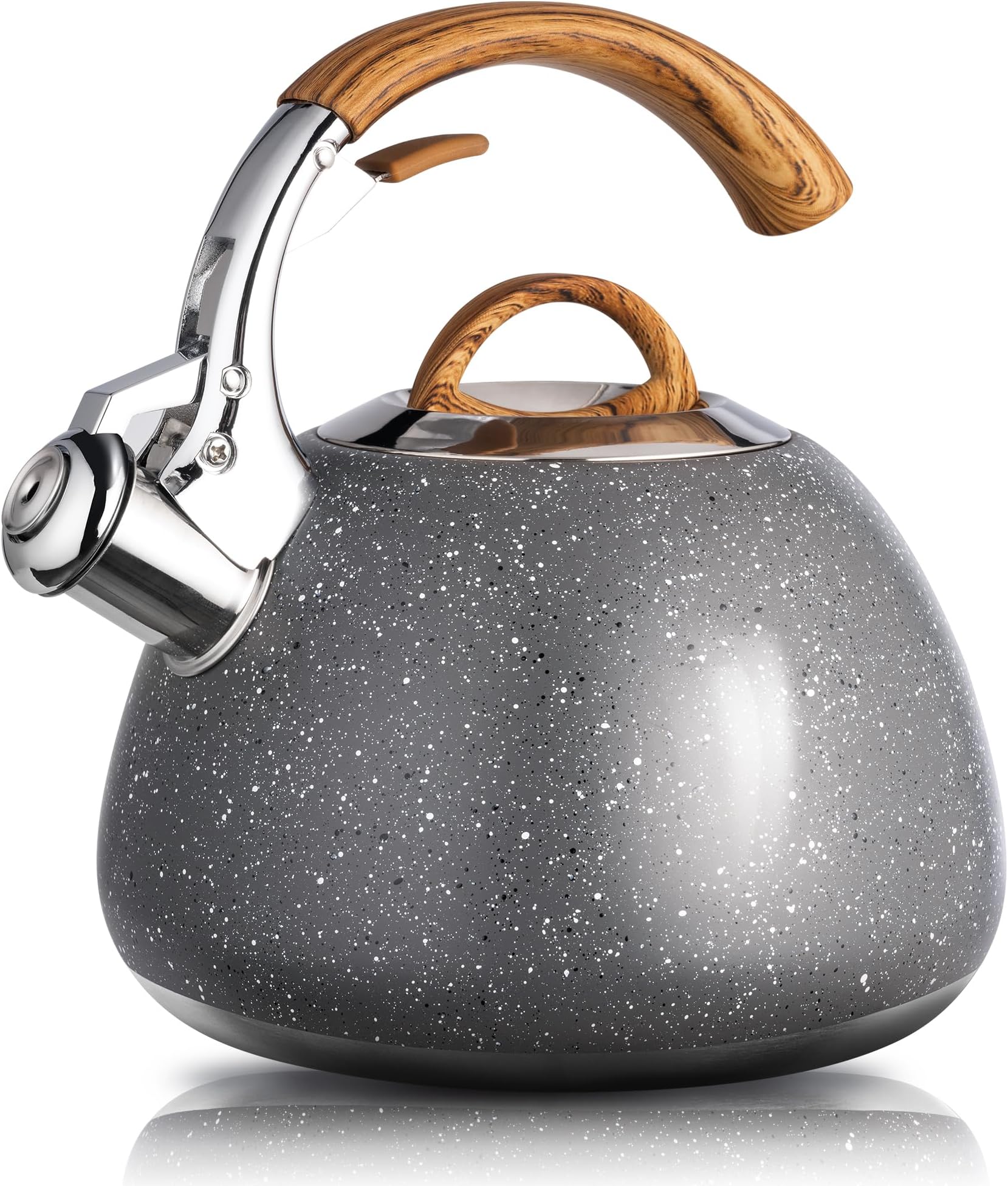 suyika Stove Top Whistling Tea Kettle Food Grade Stainless Steel Teapot with Wood Pattern Handle 3 Quart Marble Gray