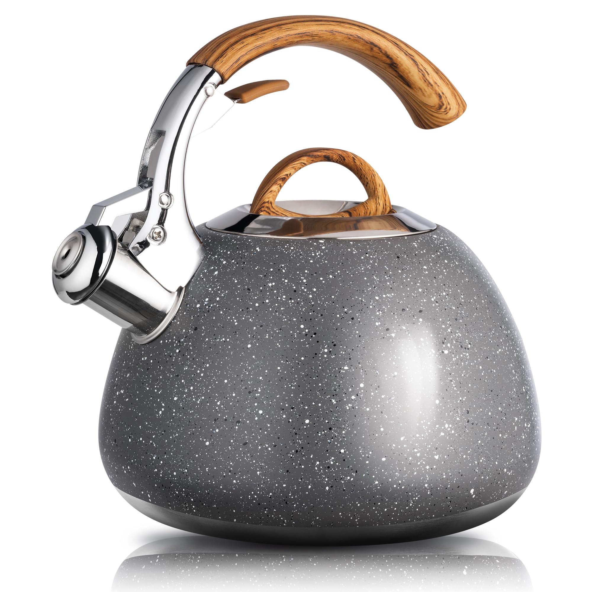 suyika Stove Top Whistling Tea Kettle Food Grade Stainless Steel Teapot with Wood Pattern Handle 3 Quart Marble Gray