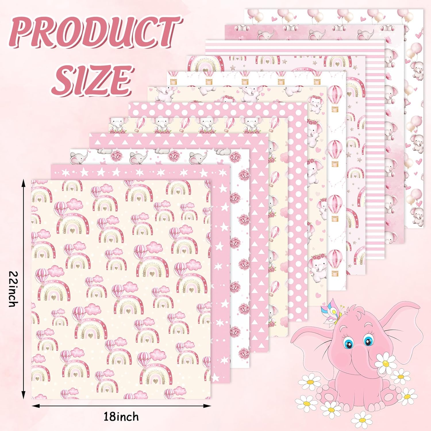 12Pcs Baby Shower Cotton Fabric Bundles Pink Elephant Hot Air Balloon Star Fat Quarters Cute Sewing Fabrics for DIY Handmade Crafts, 18 x 22 Inch