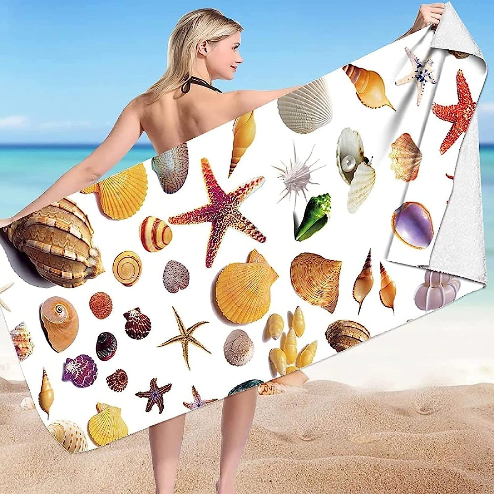 Guscio di Stella Marina Telo Mare Grande 200x200, Microfibra Asciugamano da Spiaggia, 3D Teli Mare Guscio di Stella Marina, Asciugatura Rapida Antisabbia Adulti Bambini Teli Mare