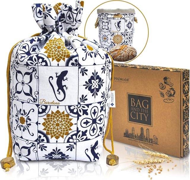 PREMiiOR Bread Bag for Bread Storage made of Organic Linen and Cotton Design Barcelona