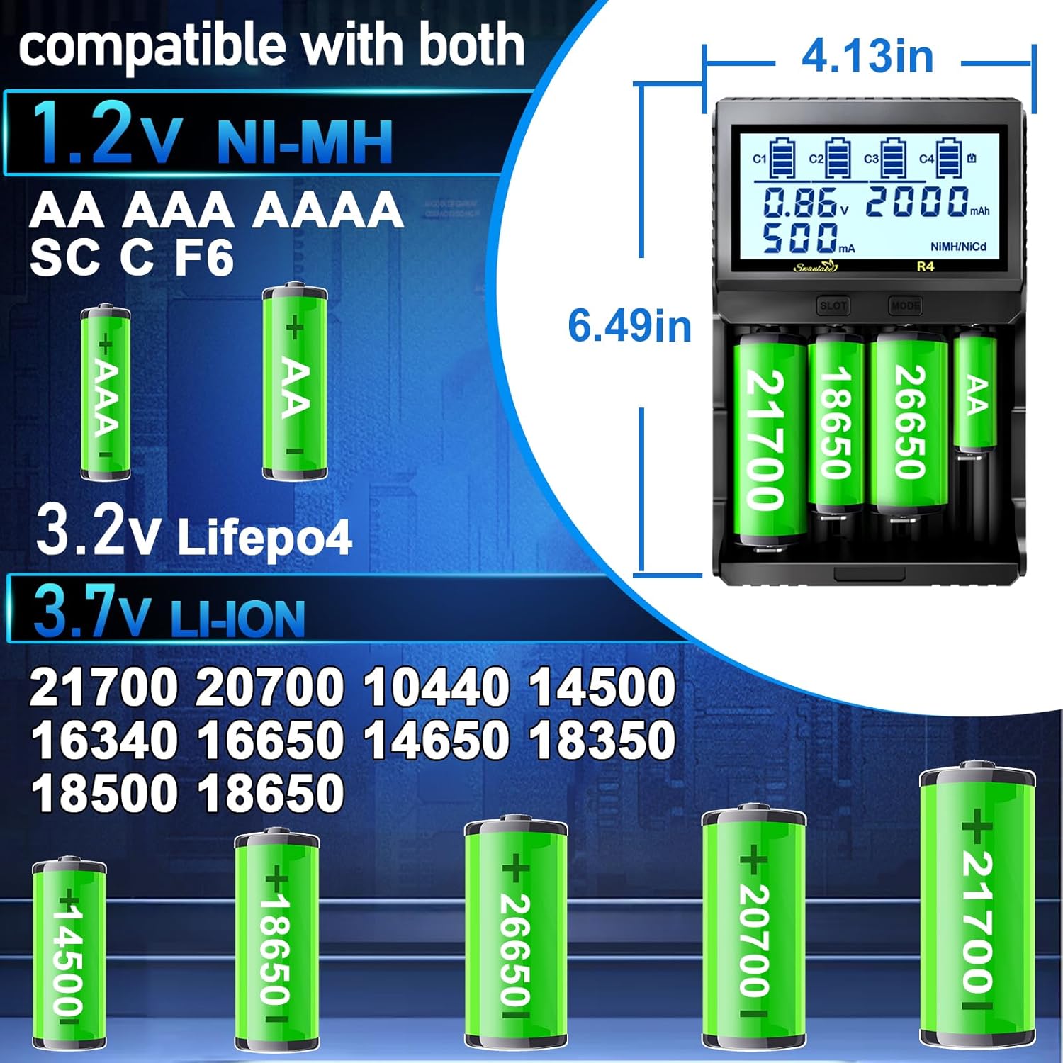 18650 Battery Charger,4 Bays Fast Charge with LCD Display for 3.7v Lithium LiFePO4 Rechargeable Batteries 21700 10440 26650 14500 16340 18560 25500 Ni-MH Ni-Cd AA AAA