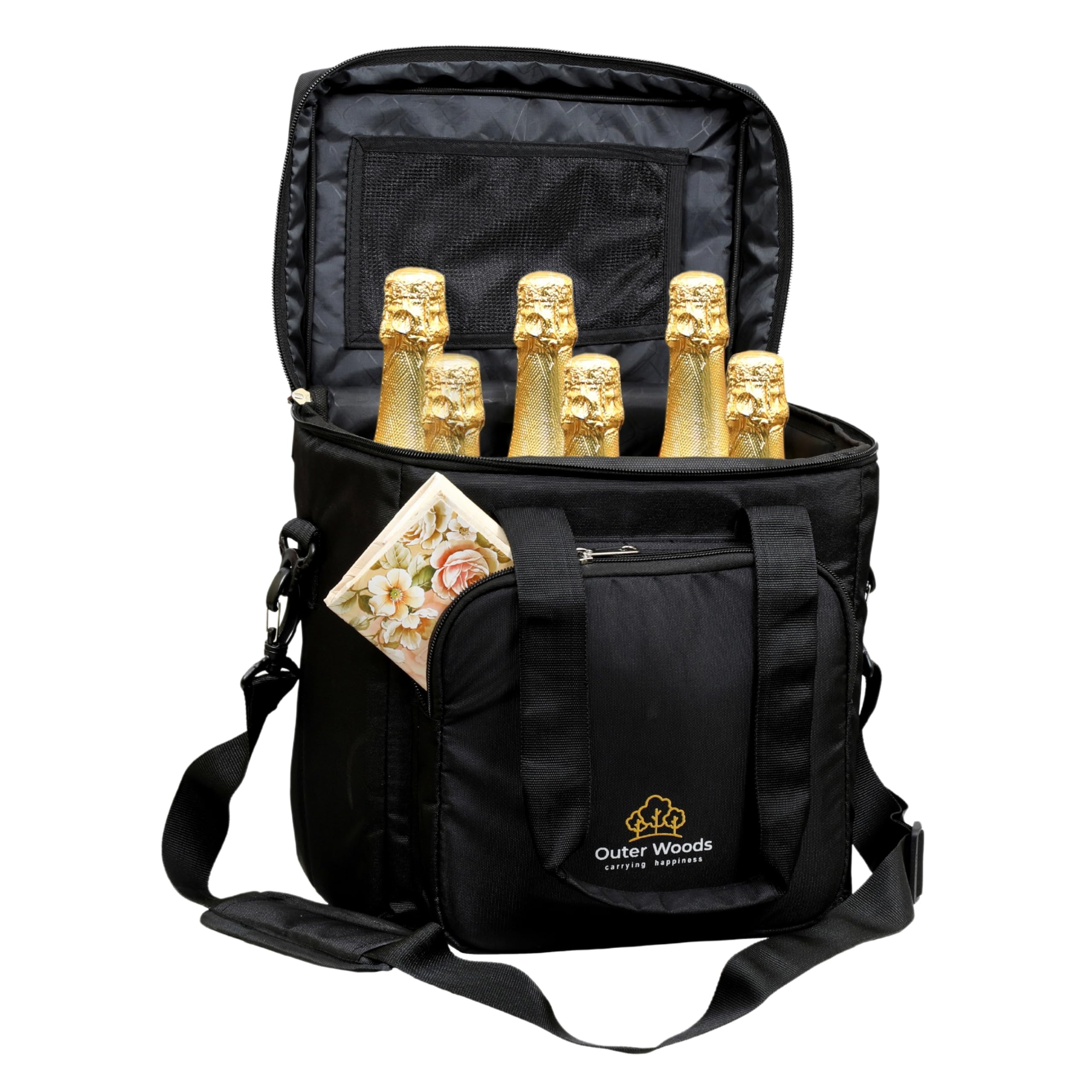 Outer Woods Insulated 6 Bottle Cooler Bag | with 6 Units of Ice Gel Packs | Wine Cooler Bags | Beer Cooler Bag | Insulated Bag | Fits 6 Full Size Bottles - Black-image-7