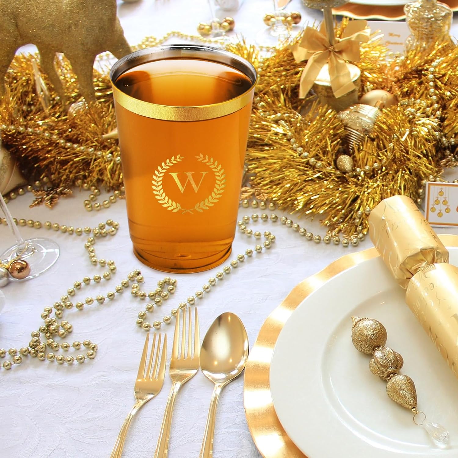 100 Pieces Monogrammed Plastic Cups Gold Foil Letter W Disposable Cups 12 oz Clear Initial Party Cups for Wedding Birthday Baby Shower Personalized Party Drinkware